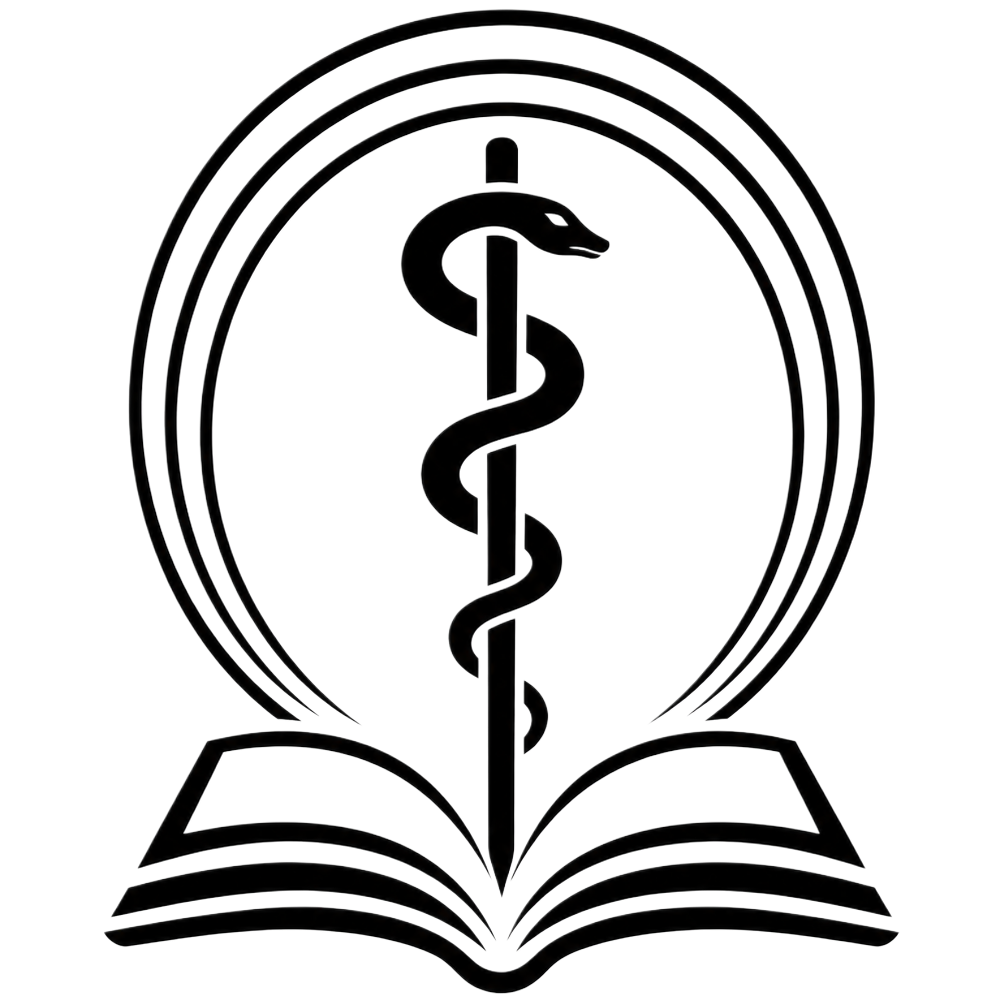 A black and white illustration with a medical caduceus symbol, a snake wrapped around a staff, over an open book, with concentric circles in the background.