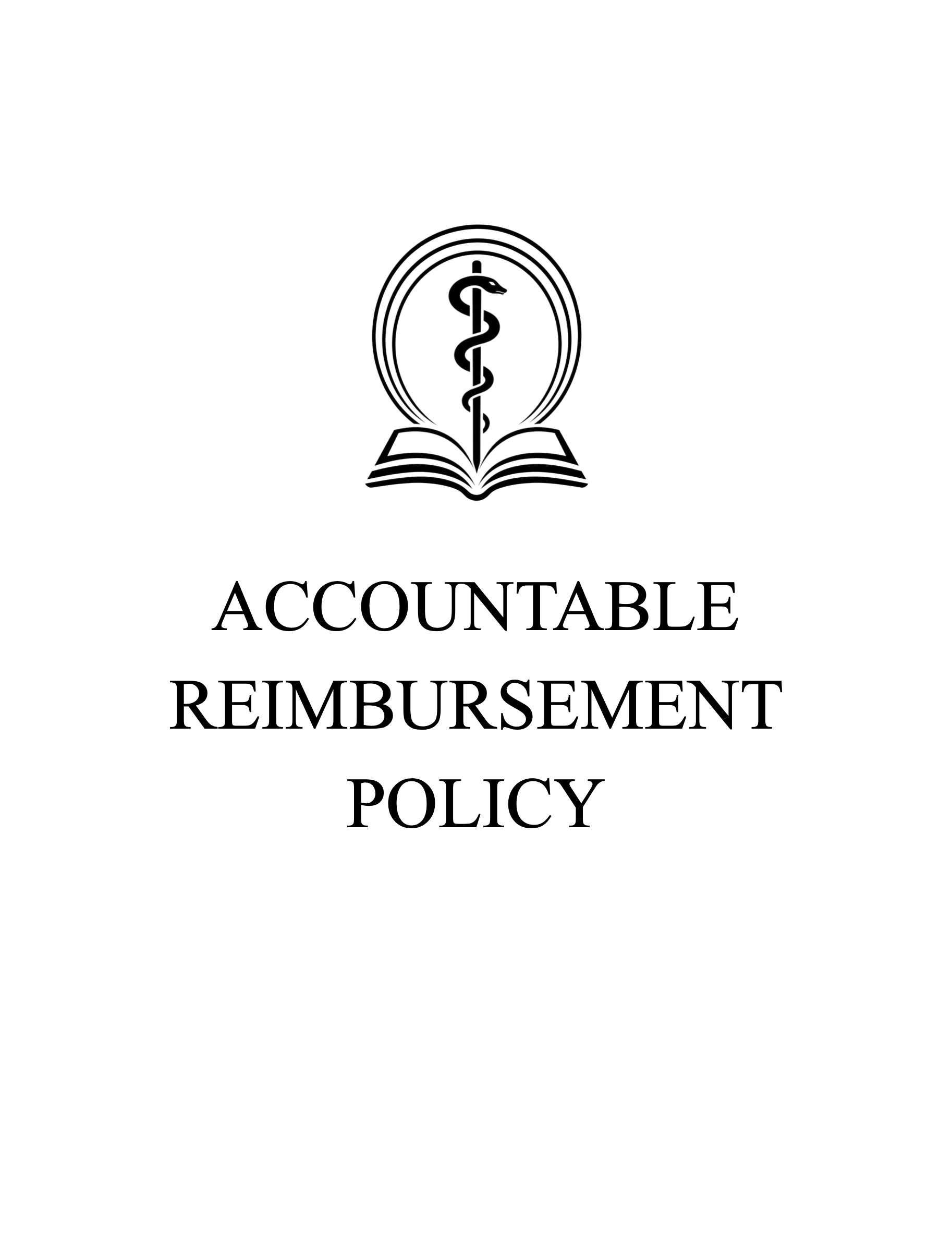 The image shows a logo with the caduceus symbol, a book, and the words "Accountable Reimbursement Policy".