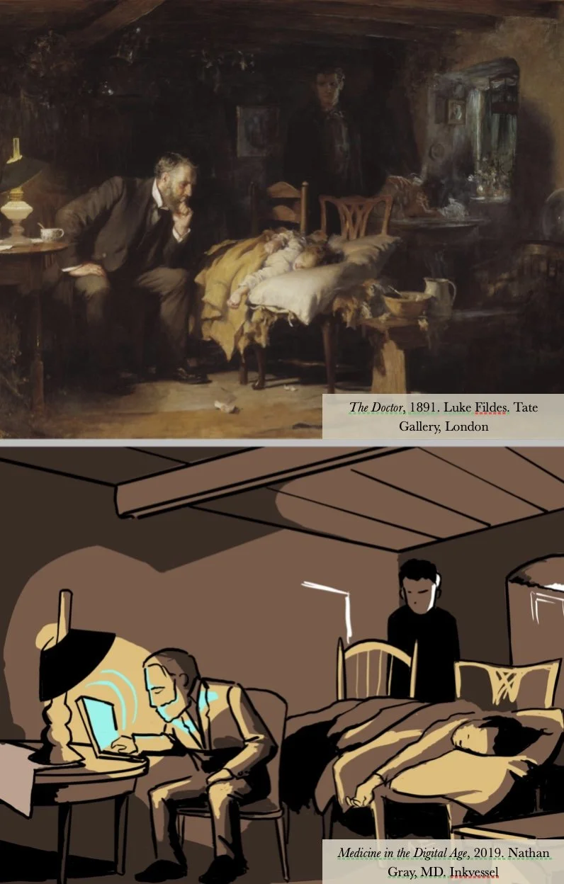 Comparison of two paintings: 'The Doctor' from 1891 shows a scene with a doctor attending to a patient in a rustic room, while 'Medicine in the Digital Age' from 2019 depicts a modern scene with a doctor using a computer and a patient sleeping on a bed in a contemporary setting.