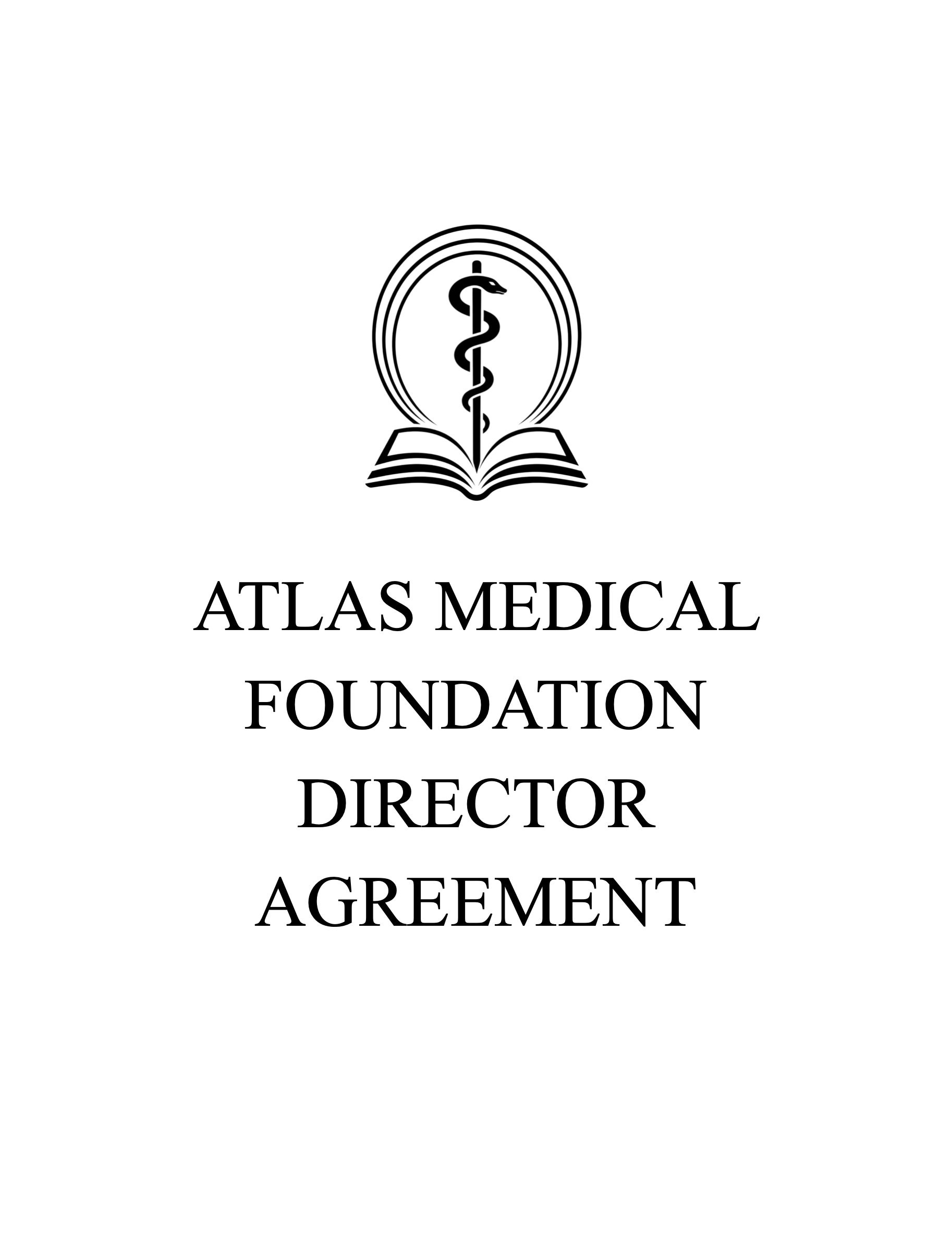 Logo of Atlas Medical Foundation featuring a caduceus symbol with a snake wrapped around a staff, encompassed by concentric circles, and an open book at the bottom.