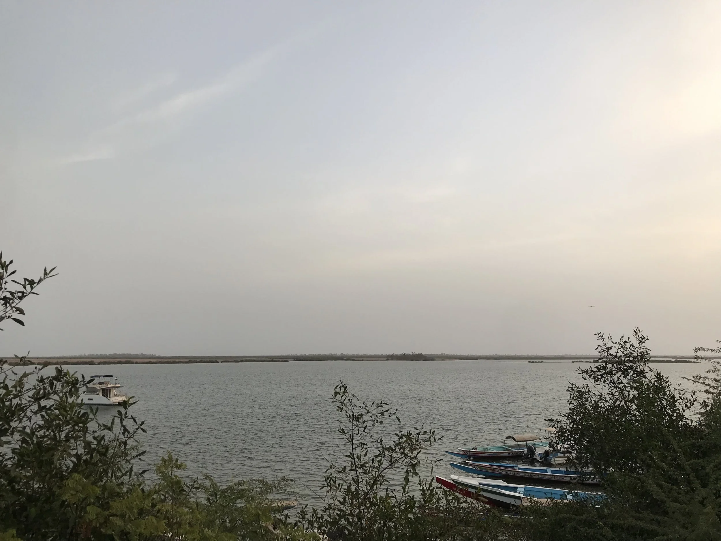 View of a large body of water with a boat docked near the shore, surrounded by trees and shrubbery, under a cloudy sky.