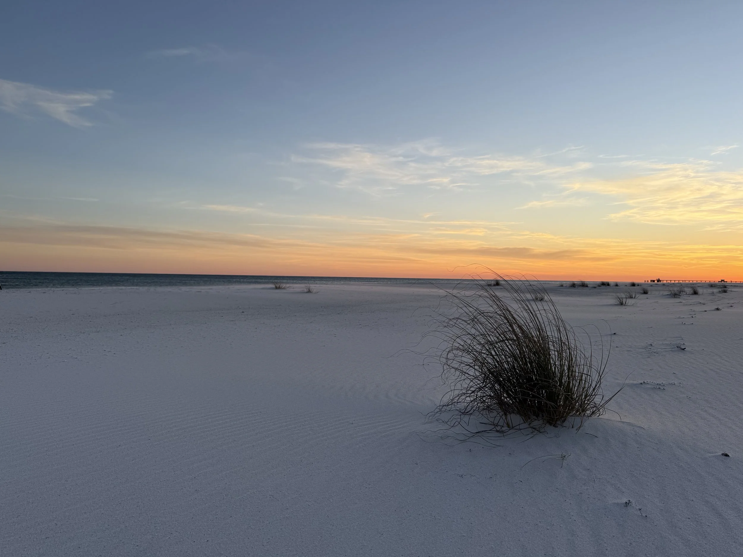 A beach scene at sunset with a colorful sky, sandy shore, sparse vegetation, and a distant pier and small structures.
