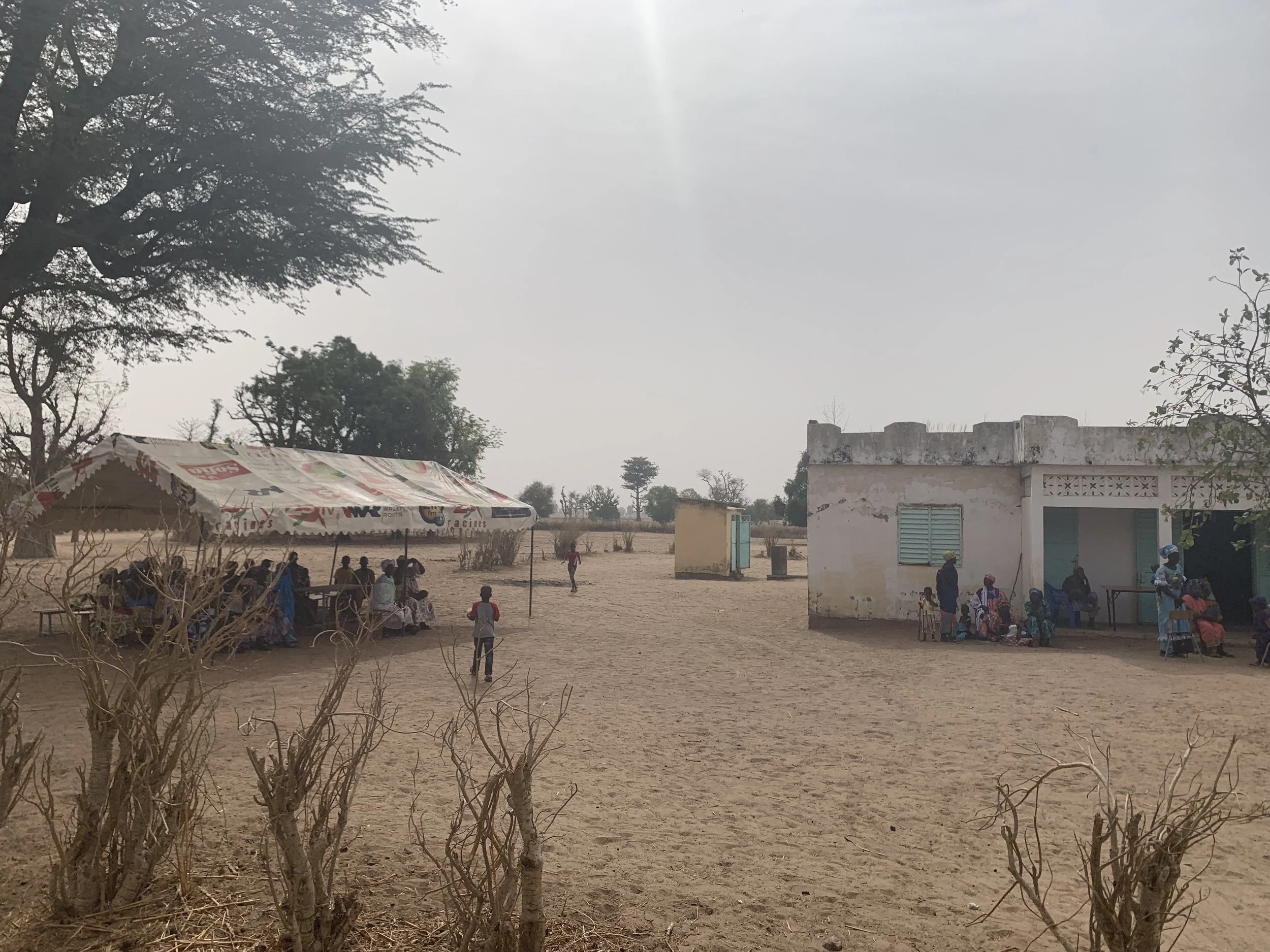 A rural scene with a large tree on the left and smaller trees in the background. Several children and adults are gathered near a makeshift shelter with a tarp roof on the left. A simple house with a flat roof, a closed window with blue shutters, and 
