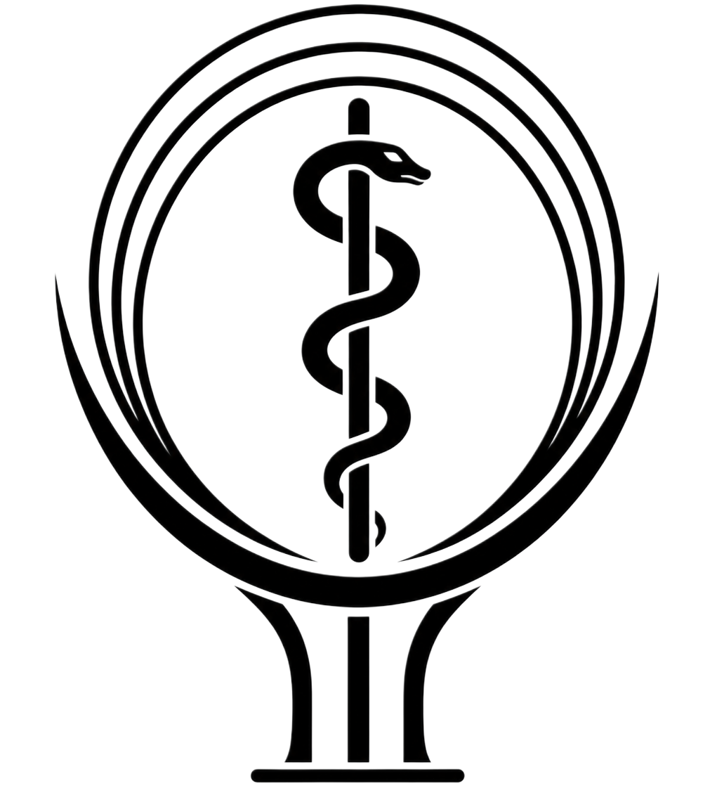 A neon sign features the Caduceus symbol, with a staff entwined by two serpents and a pair of wings. The design has a sleek, minimalist, outline style on a black background.