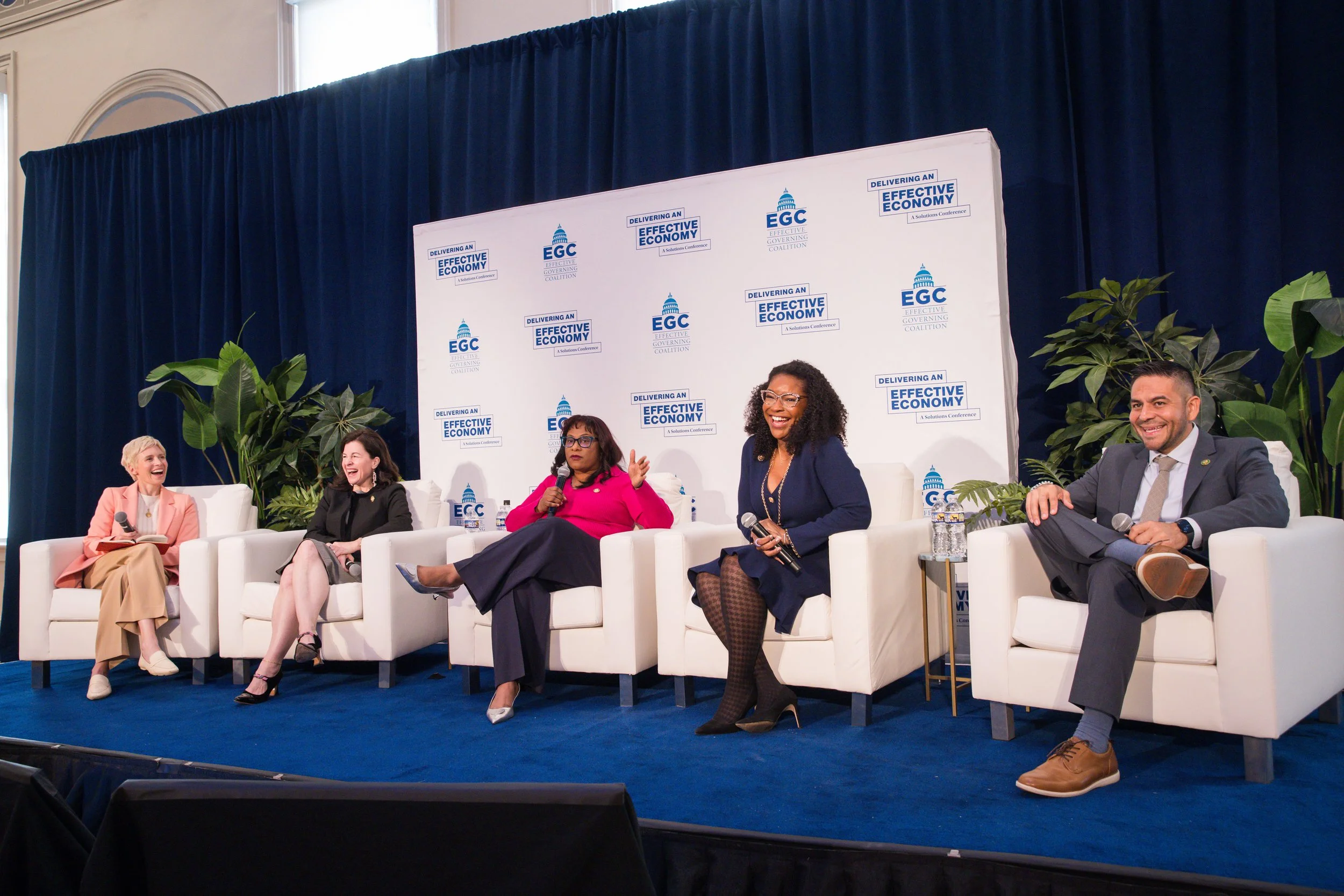A seated panel with Rep. Kristen McDonald Rivet, Rep. Gabe Vasquez. Rep. Janelle Bynum, Rep. Emilia Sykes, and Leigh Ann Caldwell