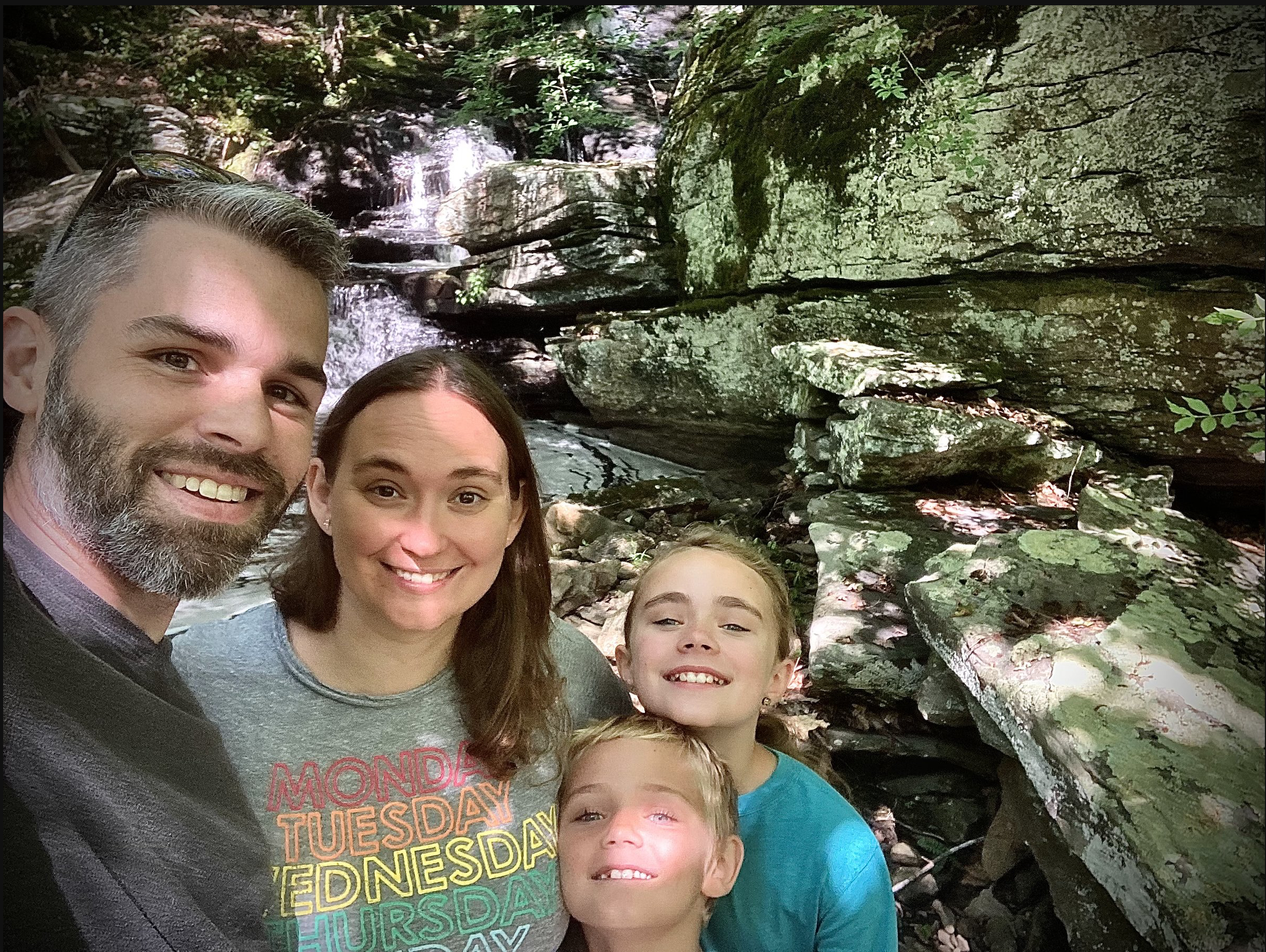 Cassie Goodson and family selfie at waterfalls in Connecticut.  Dillon Goodson - musician. Wilmington NC