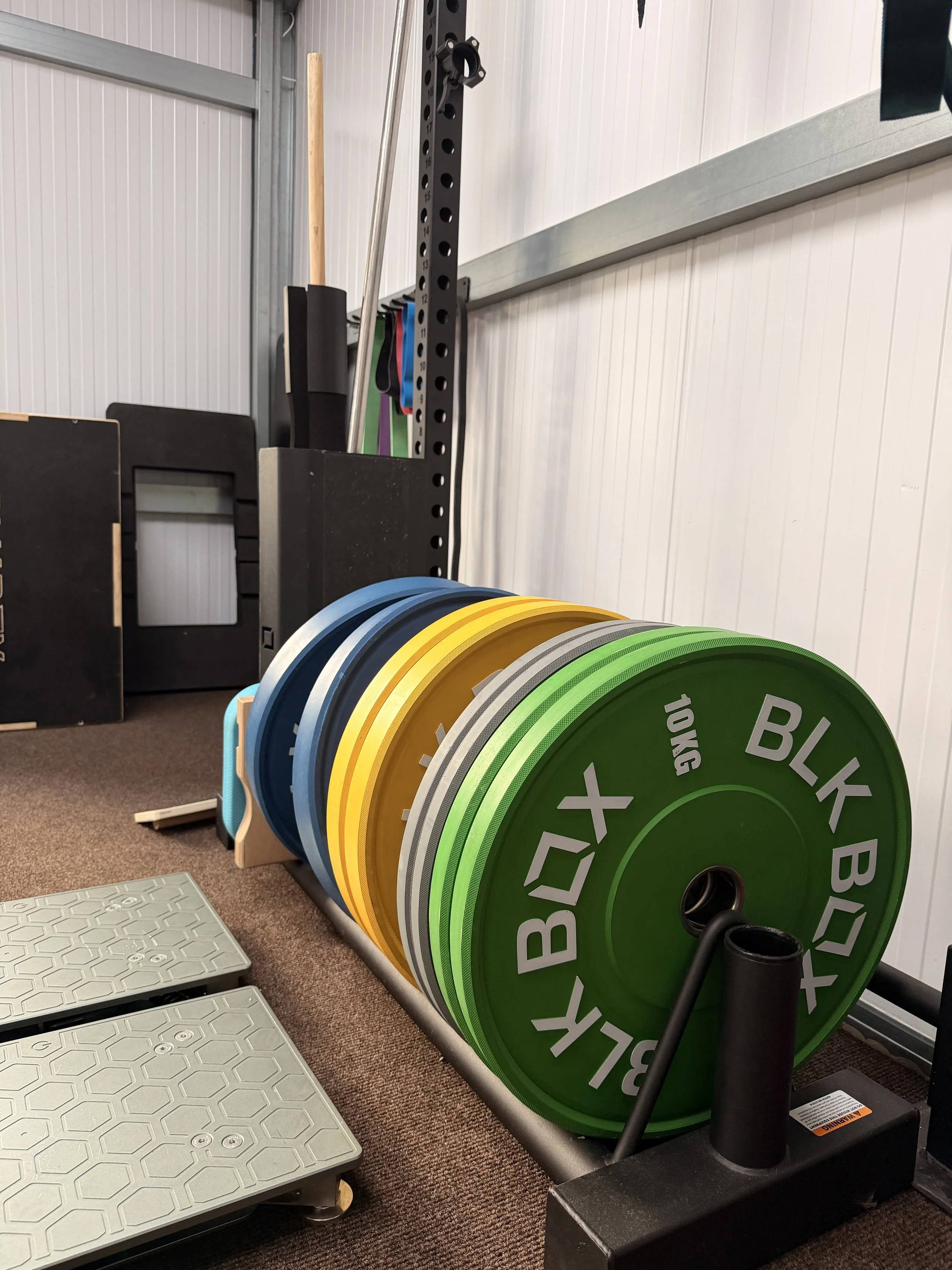 A gym weightlifting area with weight plates of various colors, a black squat rack, and small platforms for weightlifting exercises.