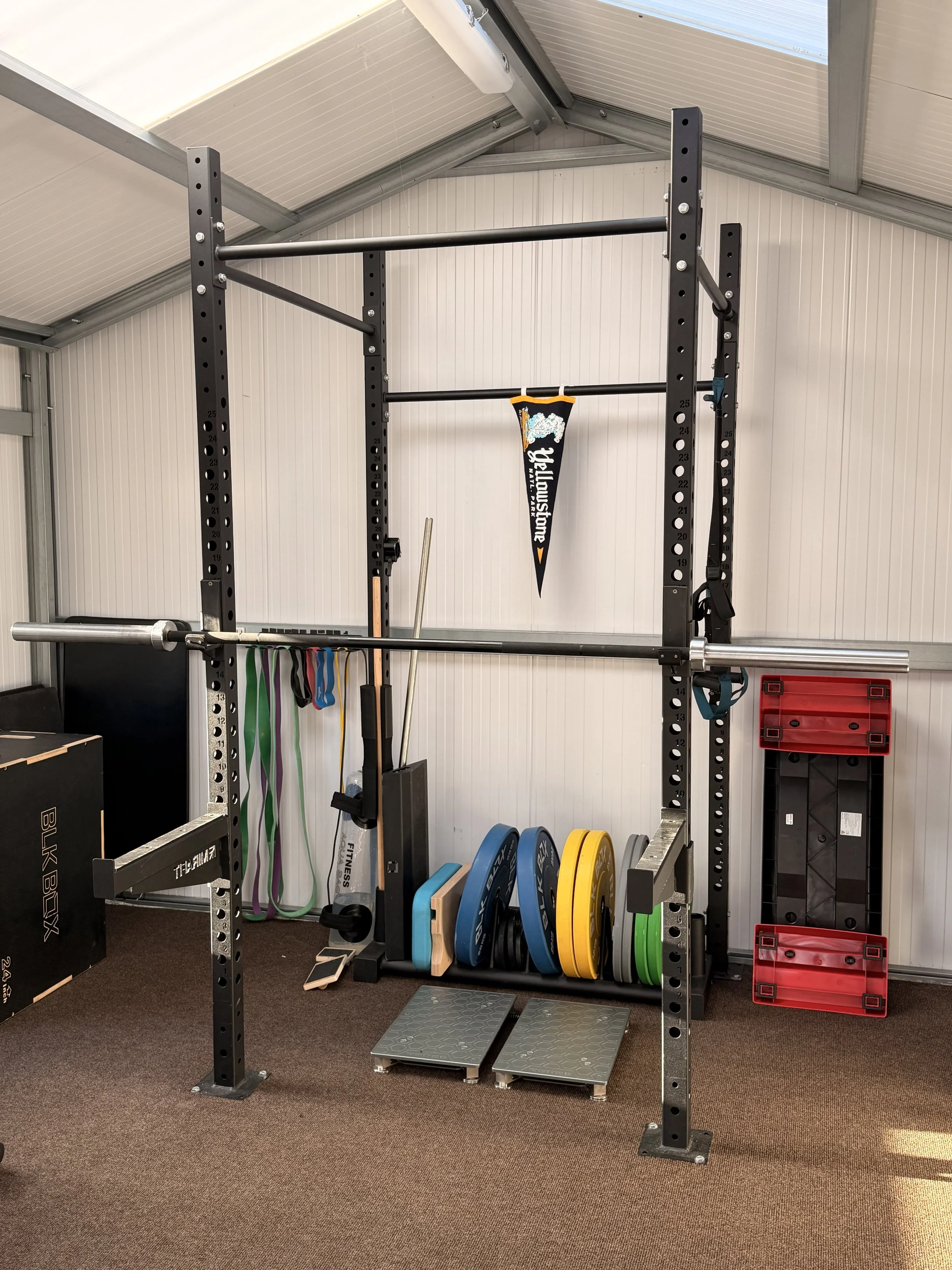 A home gym space with a large metal power rack, various colorful weight plates, resistance bands hanging on the side, and a small platform for exercises, set against white paneled walls and a sloped ceiling with skylights.