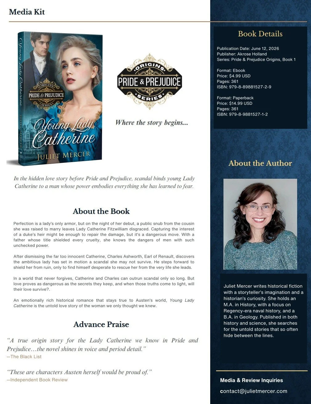 Media kit for the book "Young Lady Catherine" by Juliet Mercer, featuring a cover image with a young woman and a man, publisher details, author photo, and excerpts from reviews.