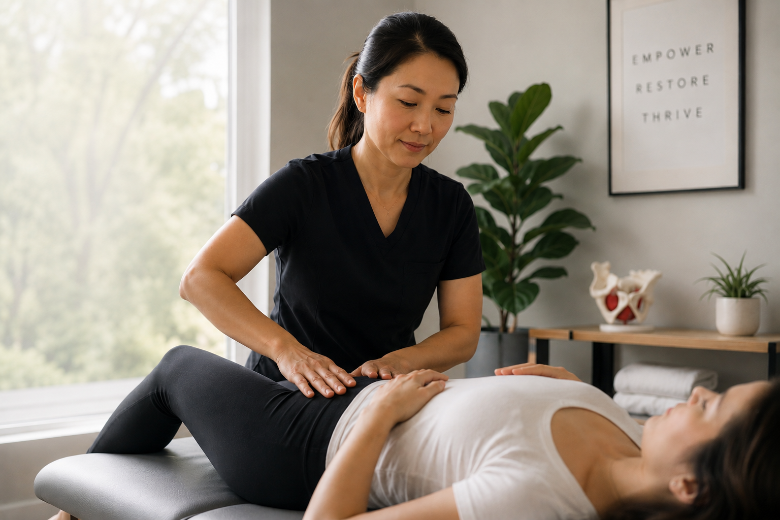 A healthcare professional examining a patient lying on an examination table in a medical office.