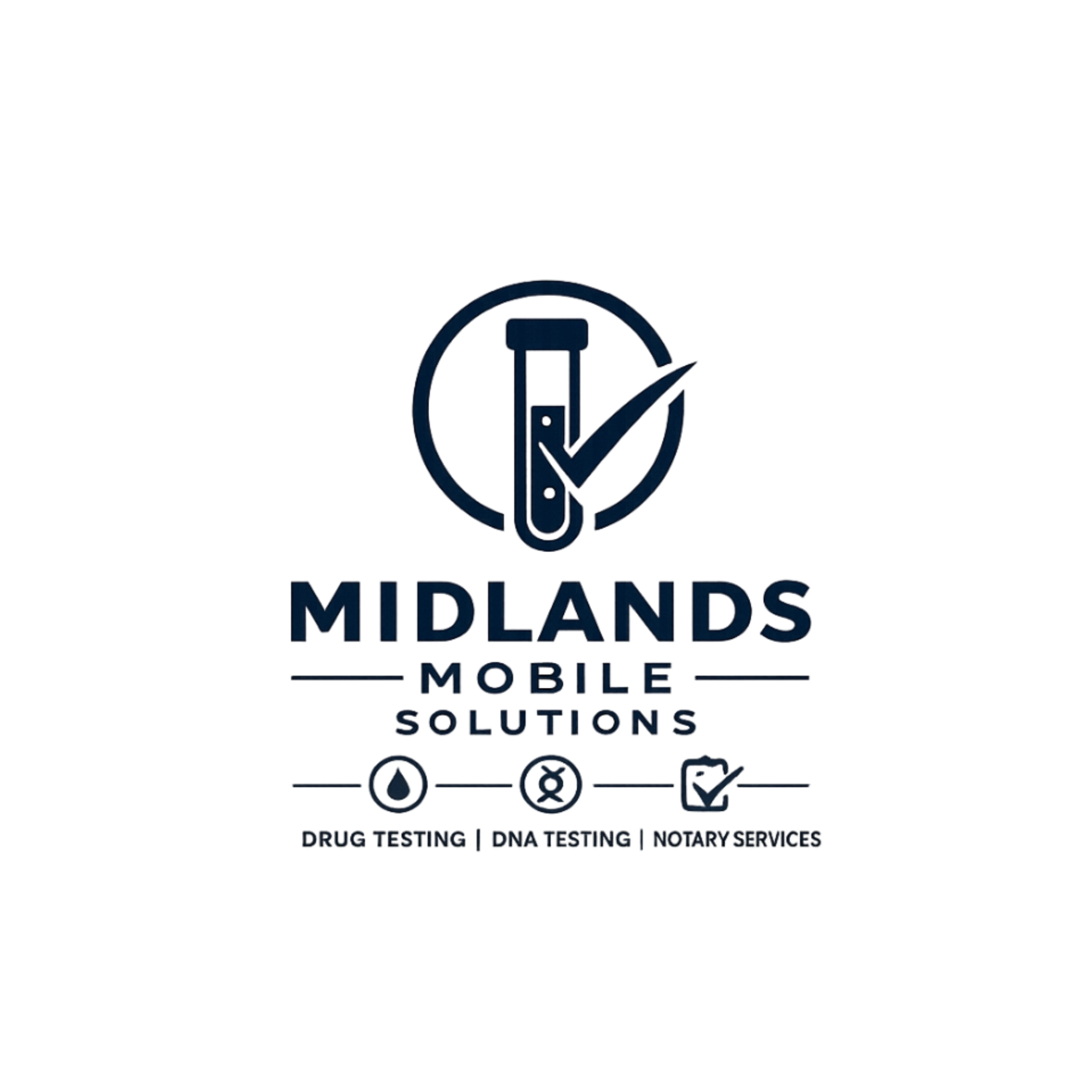 Midlands Mobile Solutions logo featuring a test tube with a checkmark inside a circle, and text indicating drug testing, DNA testing, and notary services.