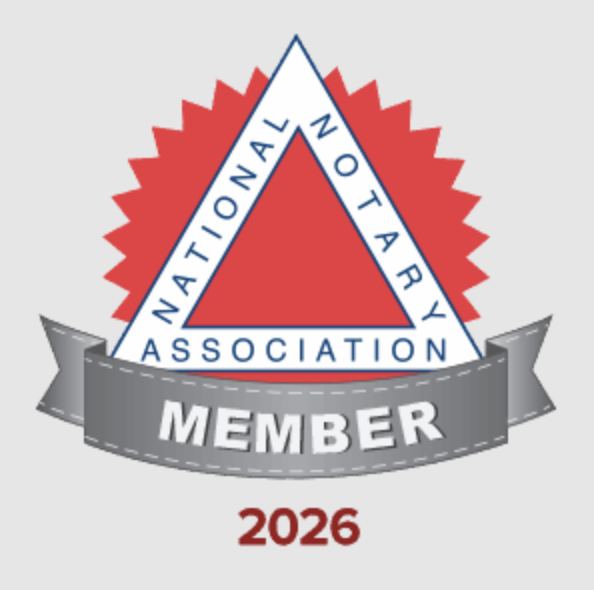 A badge with a gray ribbon that says 'Member,' a triangular logo with the words 'National Notary Association,' and the year 2026 at the bottom.