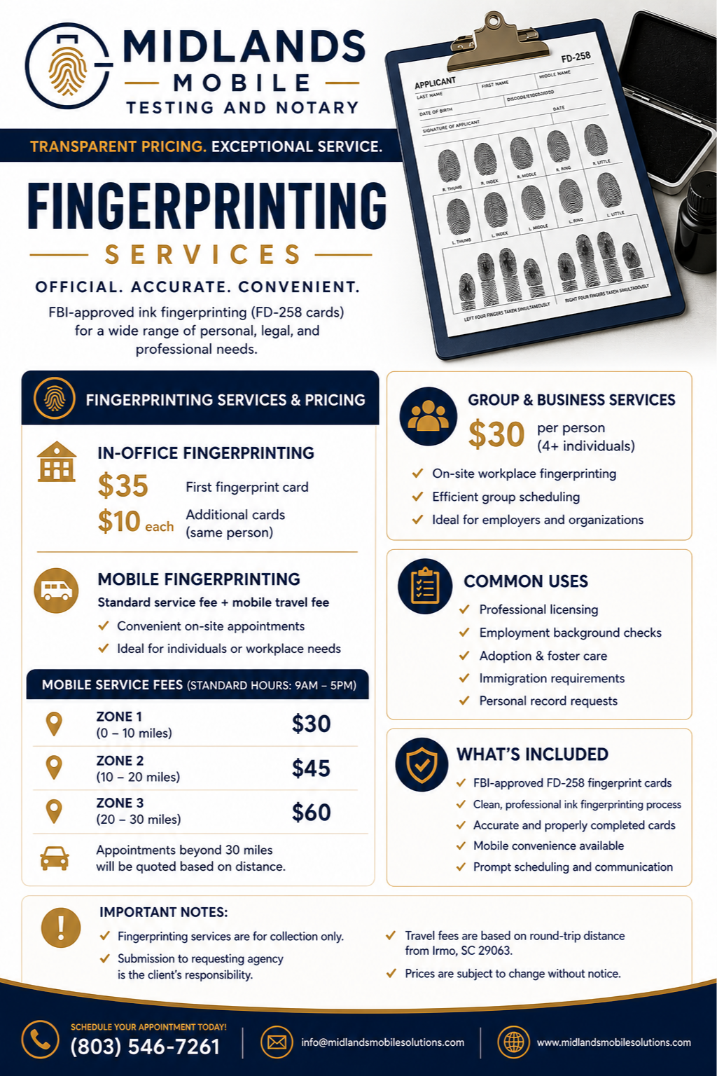 Flyer for Midlands Mobile Testing and Notary services featuring fingerprinting services, pricing, and contact information.