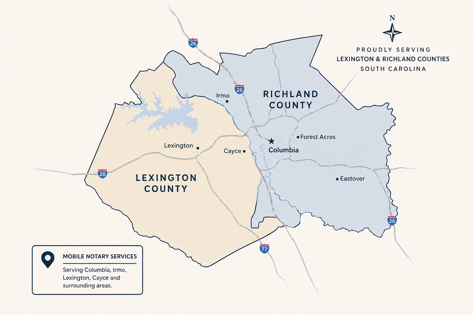 Map of Lexington and Richland Counties in South Carolina showing service areas for mobile notary services, with key cities like Columbia, Irmo, Lexington, Cayce, Forest Acres, Eastover, and surrounding areas, along with major highways.