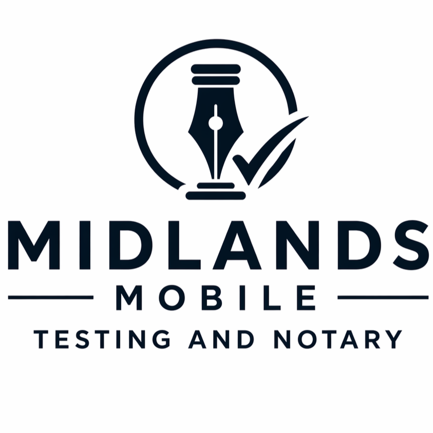 Logo for Midlands Mobile Testing and Notary featuring a pen nib and checkmark within a circle, with text below.