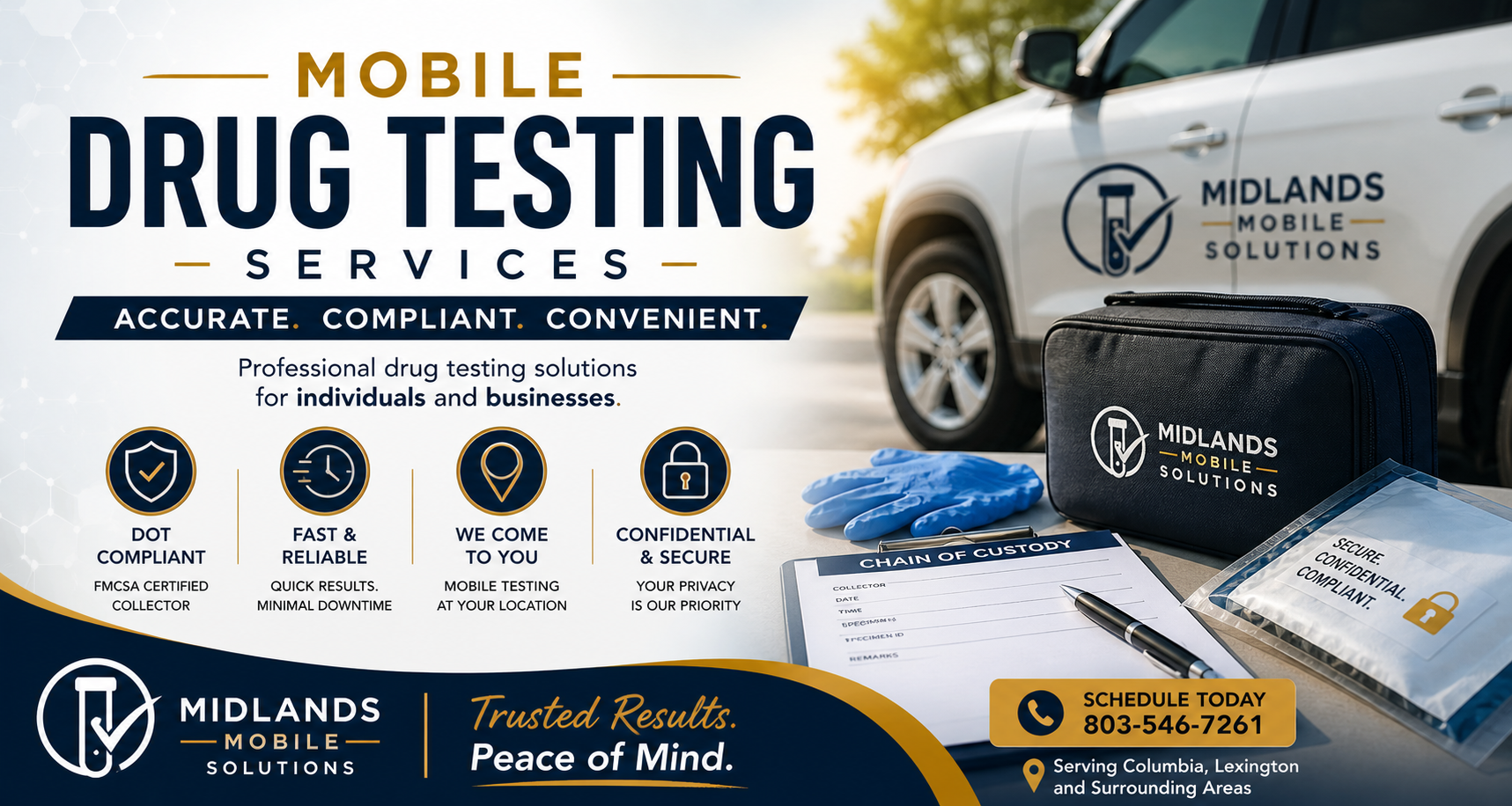 Advertising poster for mobile drug testing services by Midlands Mobile Solutions. Shows a car with the company logo, a kit with gloves, a clipboard, a sealed sample bag, and contact information. Highlights include compliance, quick results, privacy, and convenience.