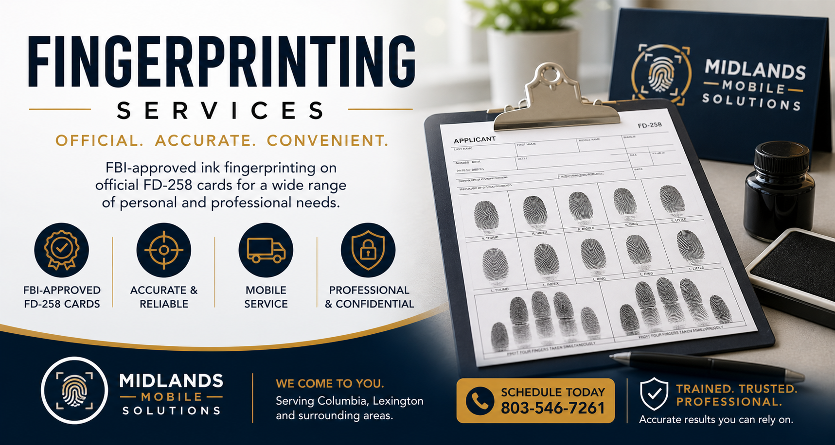 Advertisement for fingerprinting services by Midlands Mobile Solutions. Features FBI-approved ink fingerprinting on FD-258 cards, with icons indicating approval, accuracy, mobile service, and confidentiality. Includes contact number 803-546-7261 and notes serving Columbia, Lexington, and surrounding areas.