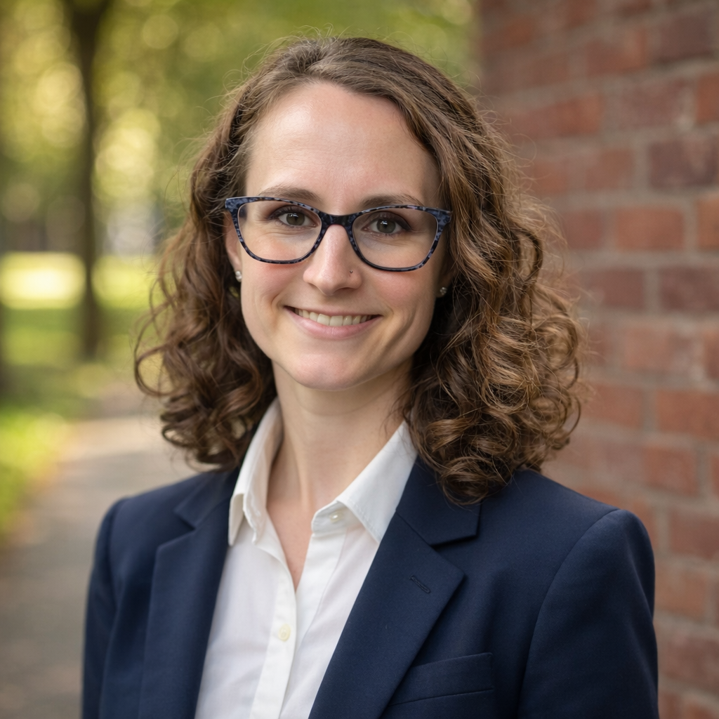 A woman with curly brown hair, glasses, and a nose piercing, wearing a navy blazer and white shirt, standing outdoors next to a brick wall and smiling.
