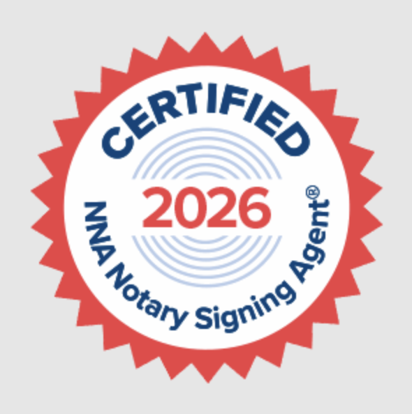 Certified NNA Notary Signing Agent badge for 2026 with a red, white, and blue color scheme.