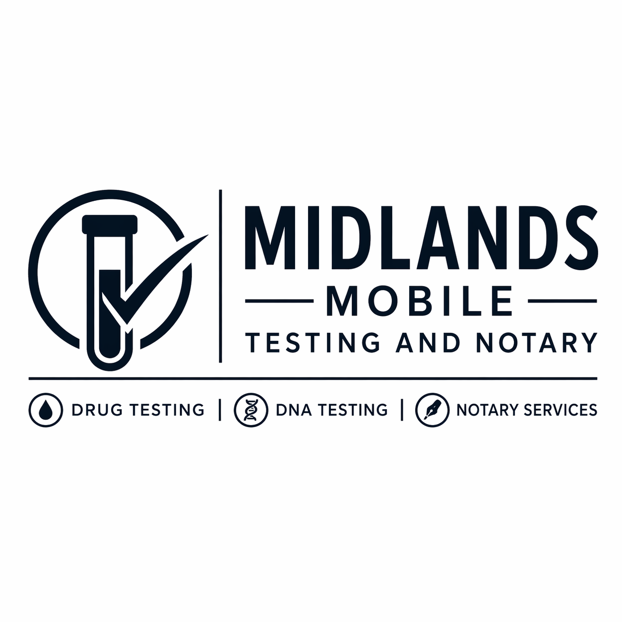 Logo for Midlands Mobile Testing and Notary, featuring a test tube with a check mark, and icons for drug testing, DNA testing, and notary services.