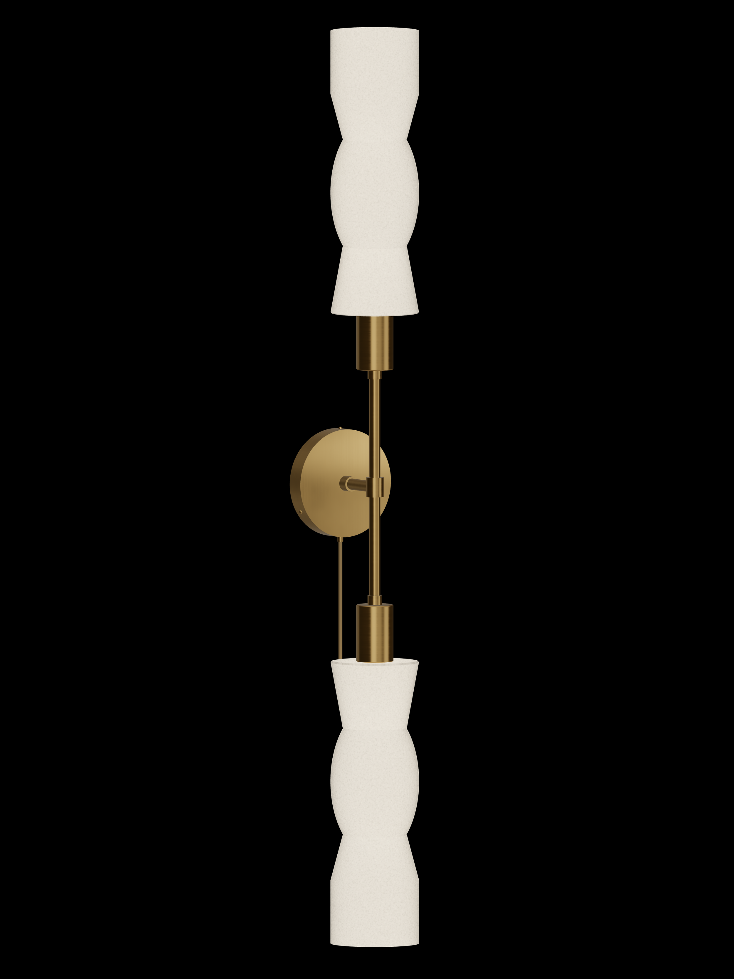 Cord Plus One double-ended wall sconce with shapes glowing warm white and brass hardware; plug-in version.