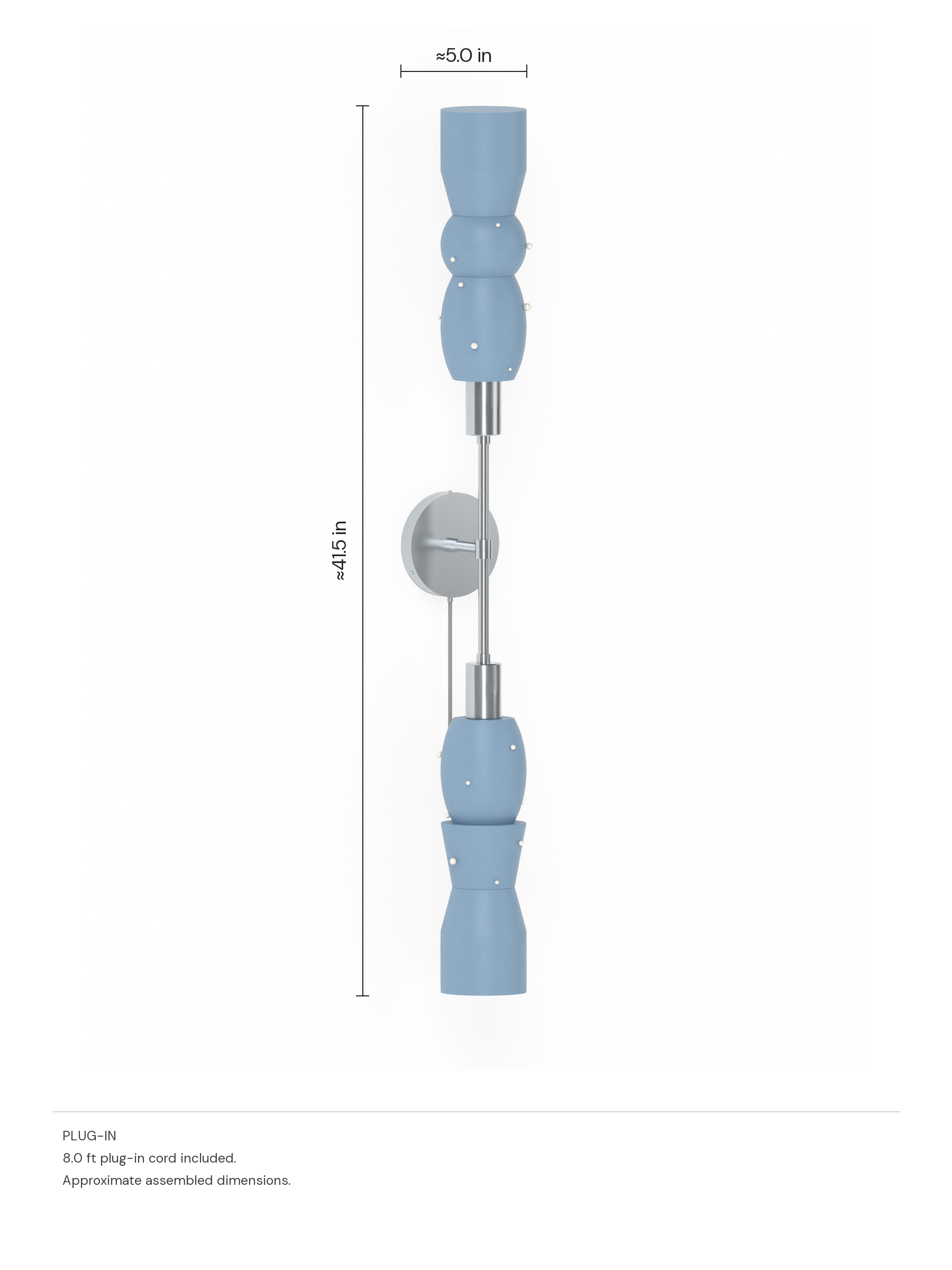 Guest Star Plus One with Twill pearl-detailed shapes and nickel hardware, plug-in. Approximate dimensions: 41.5 in high and 5.0 in wide, rounded up to the nearest half inch.