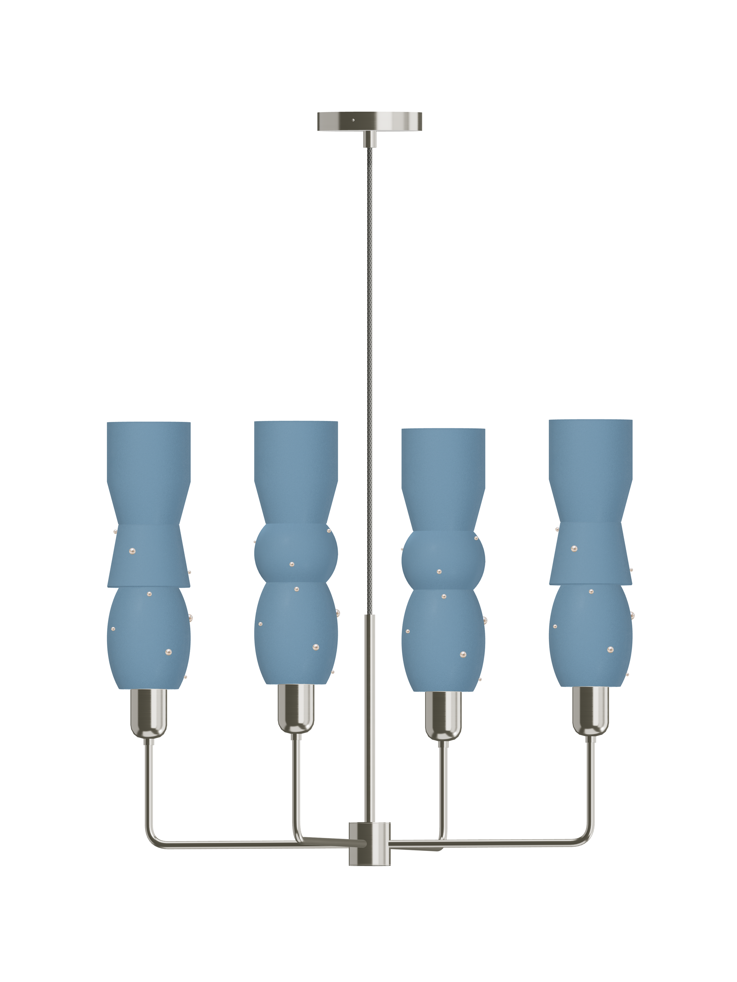 Guest Star Auburn four-arm chandelier with blue shapes with pearl details and nickel hardware; hardwired version, light off.