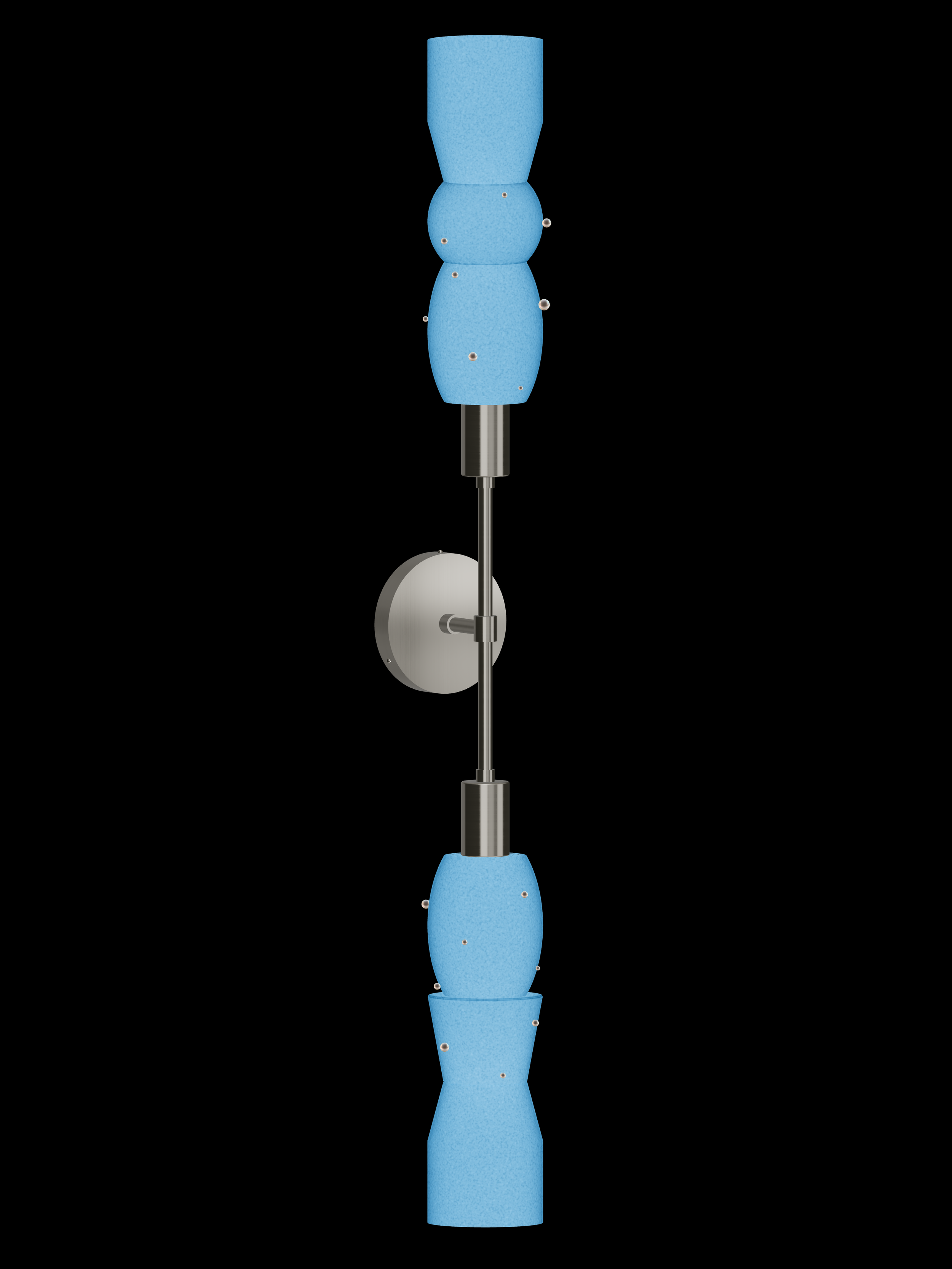 Guest Star Plus One double-ended wall sconce with glowing blue shapes with pearl details and nickel hardware; hardwired version.