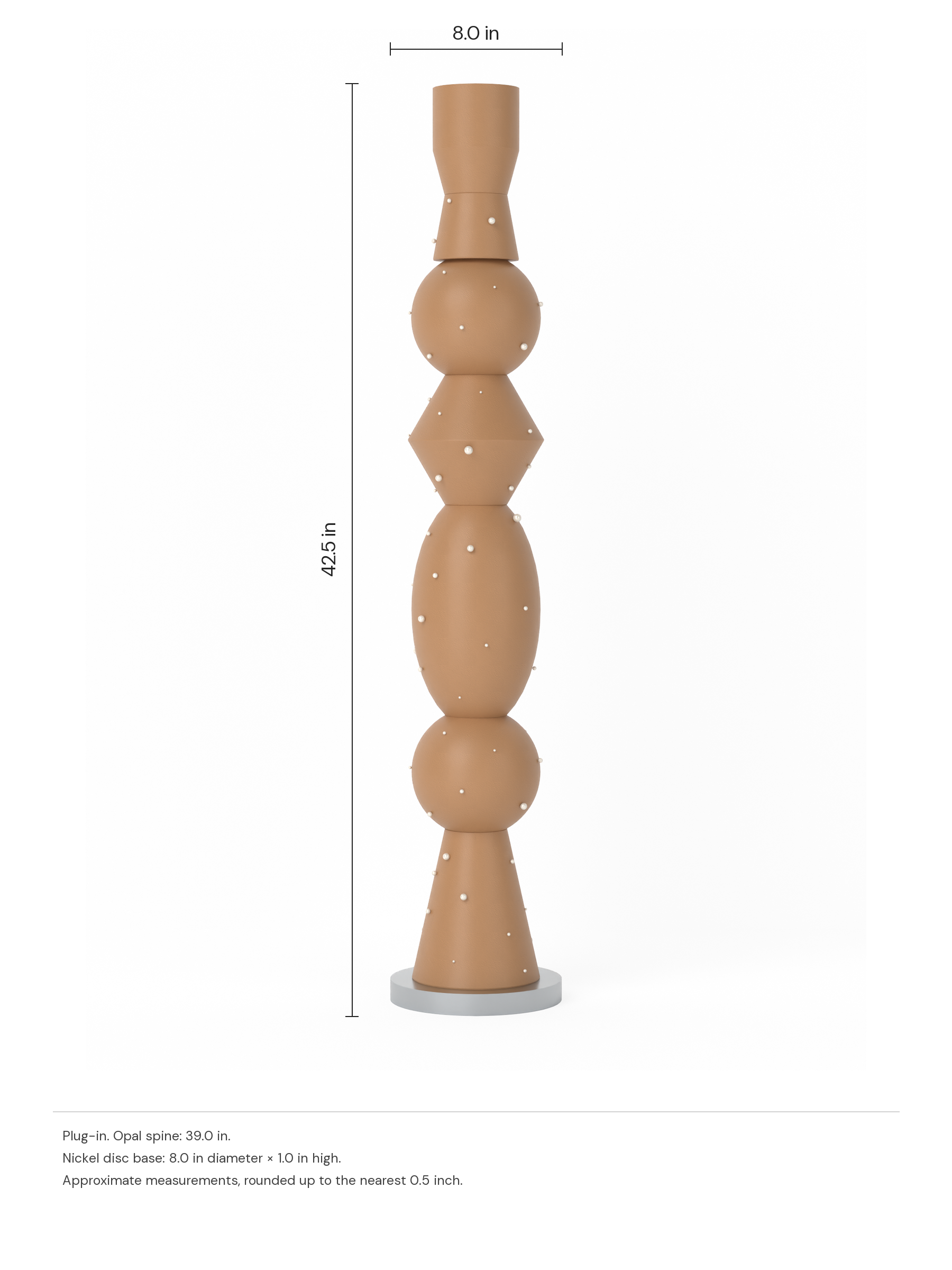 Scar Totem 39 in Frosted Brown with Pearl details on a nickel disc base, plug-in. Dimension drawing: 42.5 in high × 8.0 in wide, excluding flexible cords.