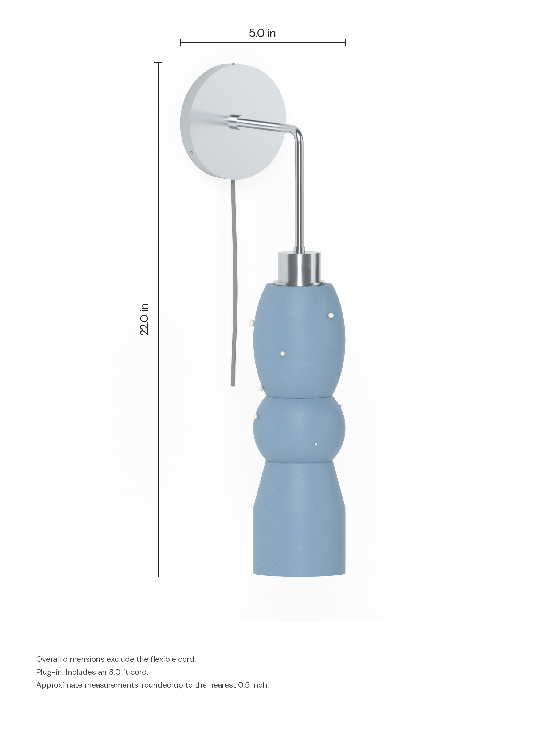 Guest Star Drop Out in Twill with Pearl details and nickel hardware, plug-in. Dimension drawing: 22.0 in high × 5.0 in wide, excluding flexible cords.