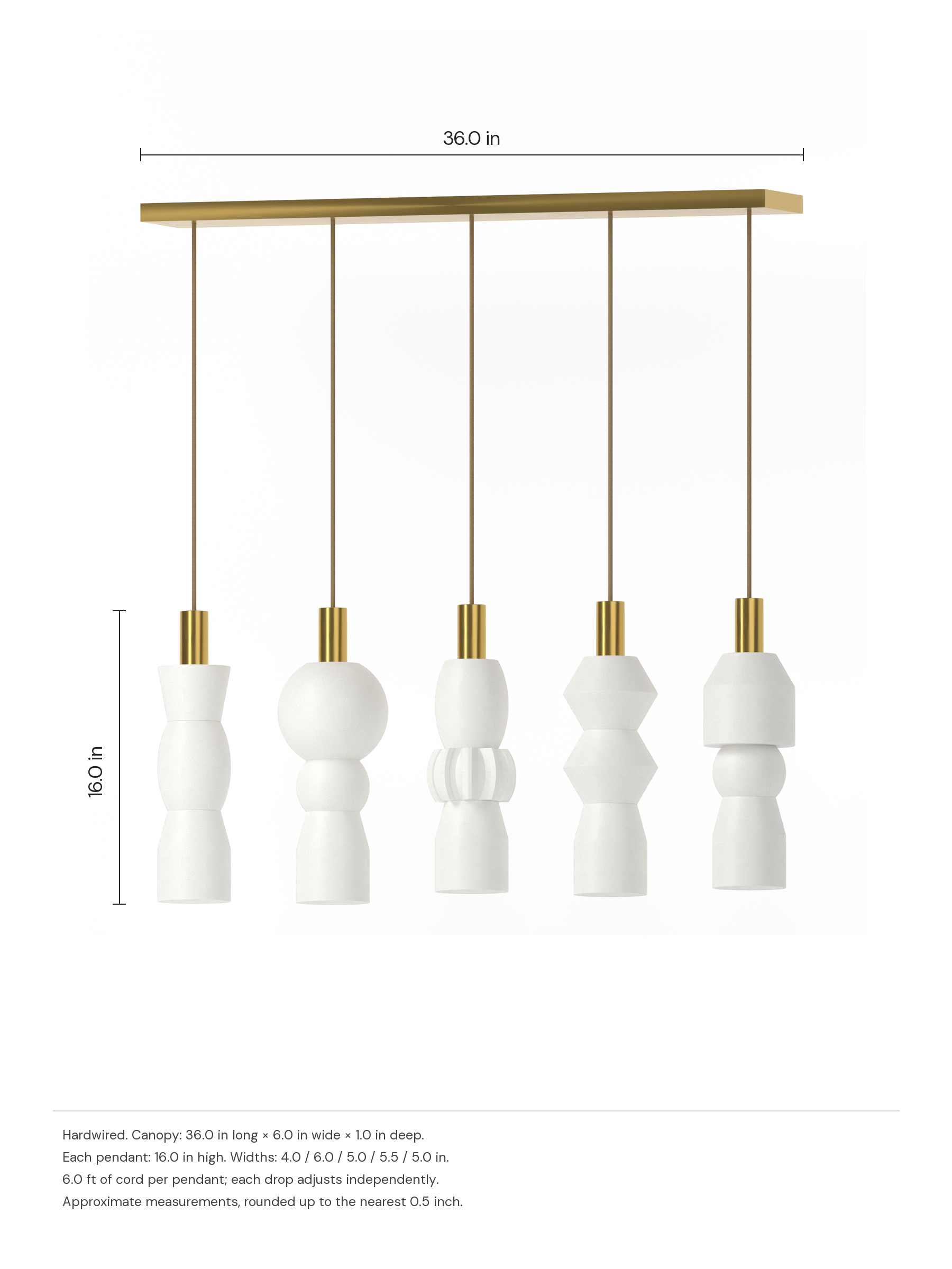Cord Runway 5 in Linen with brass hardware, hardwired. Dimension drawing: 36.0 in canopy, 16.0 in pendant height.