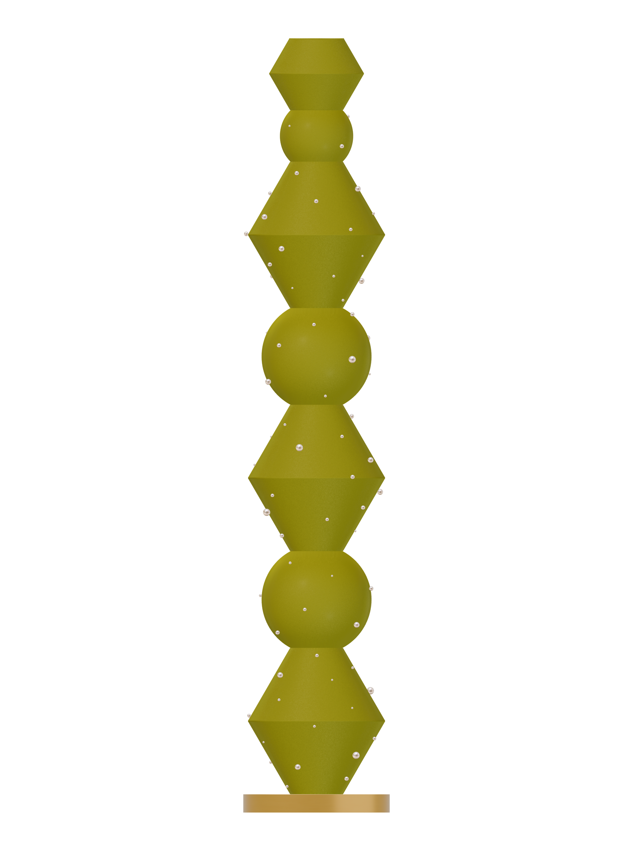 Viv Totem 39 stacked Totem lamp with yellow-green shapes with pearl details and brass hardware; plug-in version, light off.