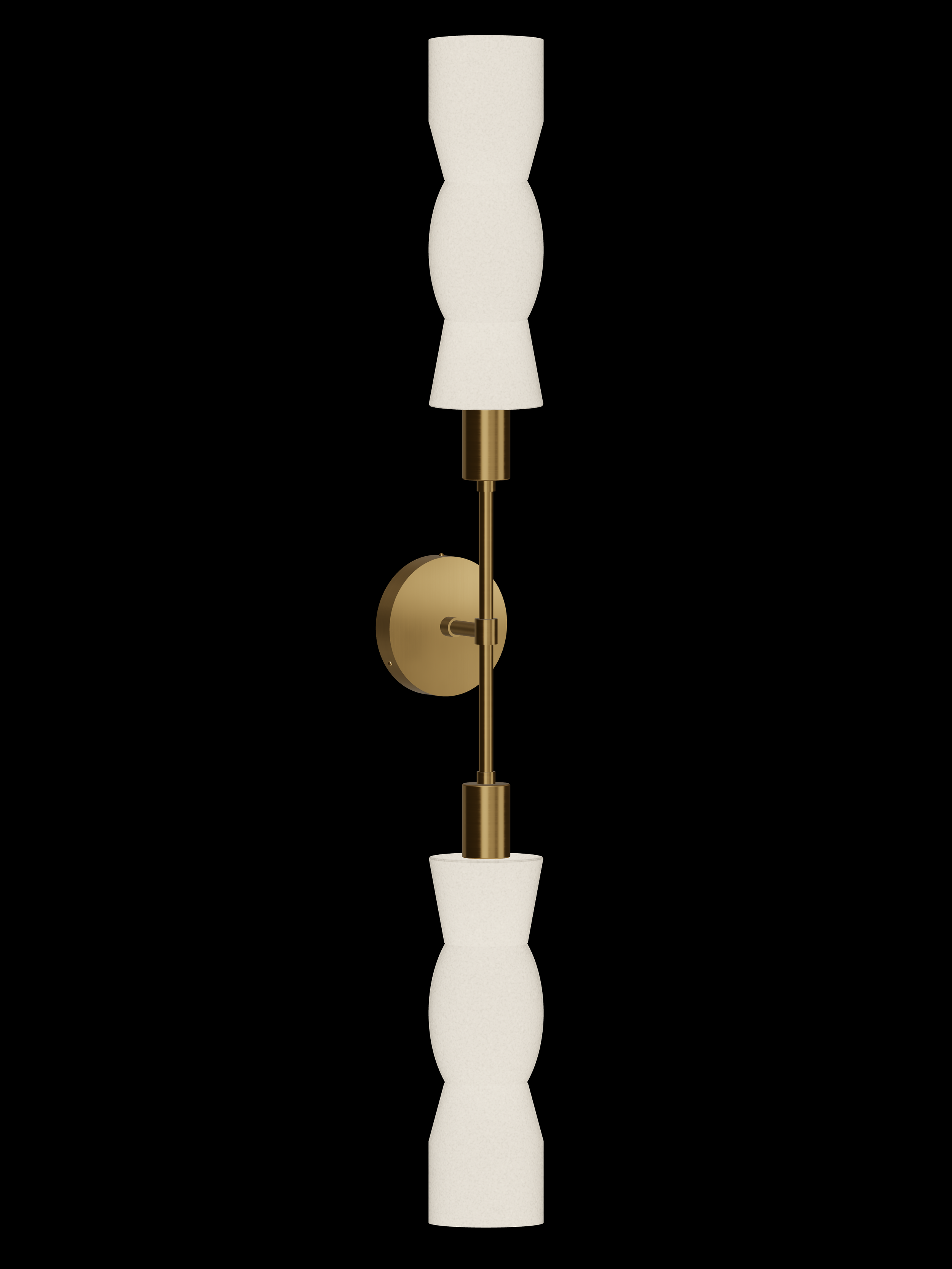 Cord Plus One double-ended wall sconce with shapes glowing warm white and brass hardware; hardwired version.