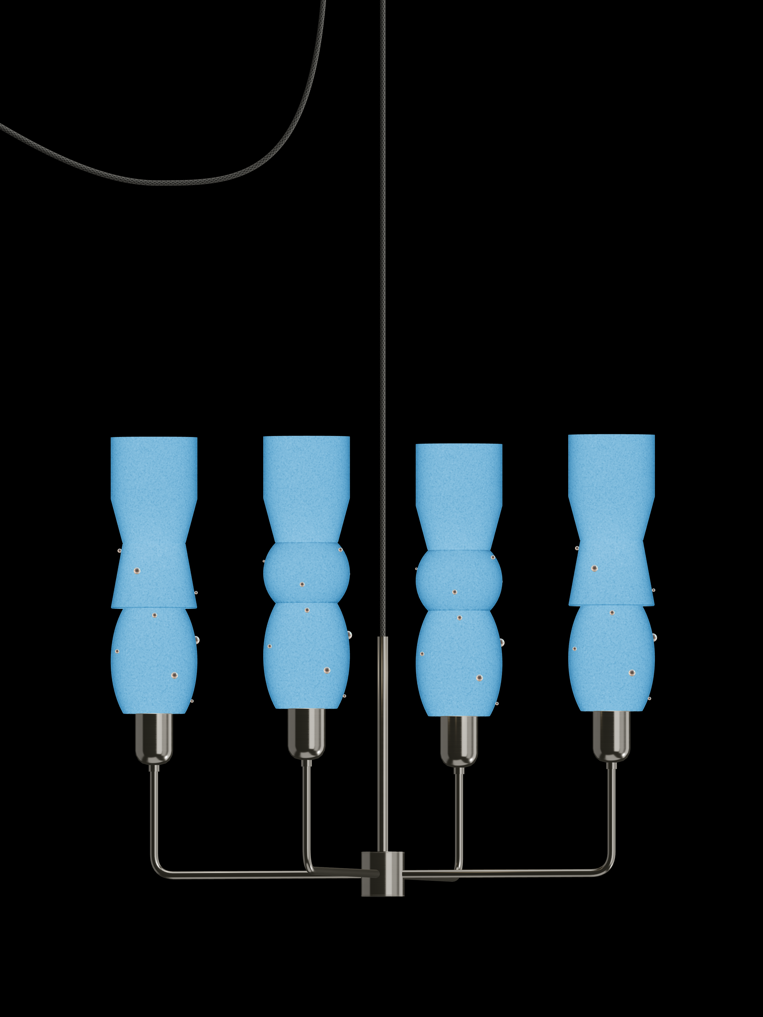 Guest Star Auburn four-arm chandelier with glowing blue shapes with pearl details and nickel hardware; plug-in version.