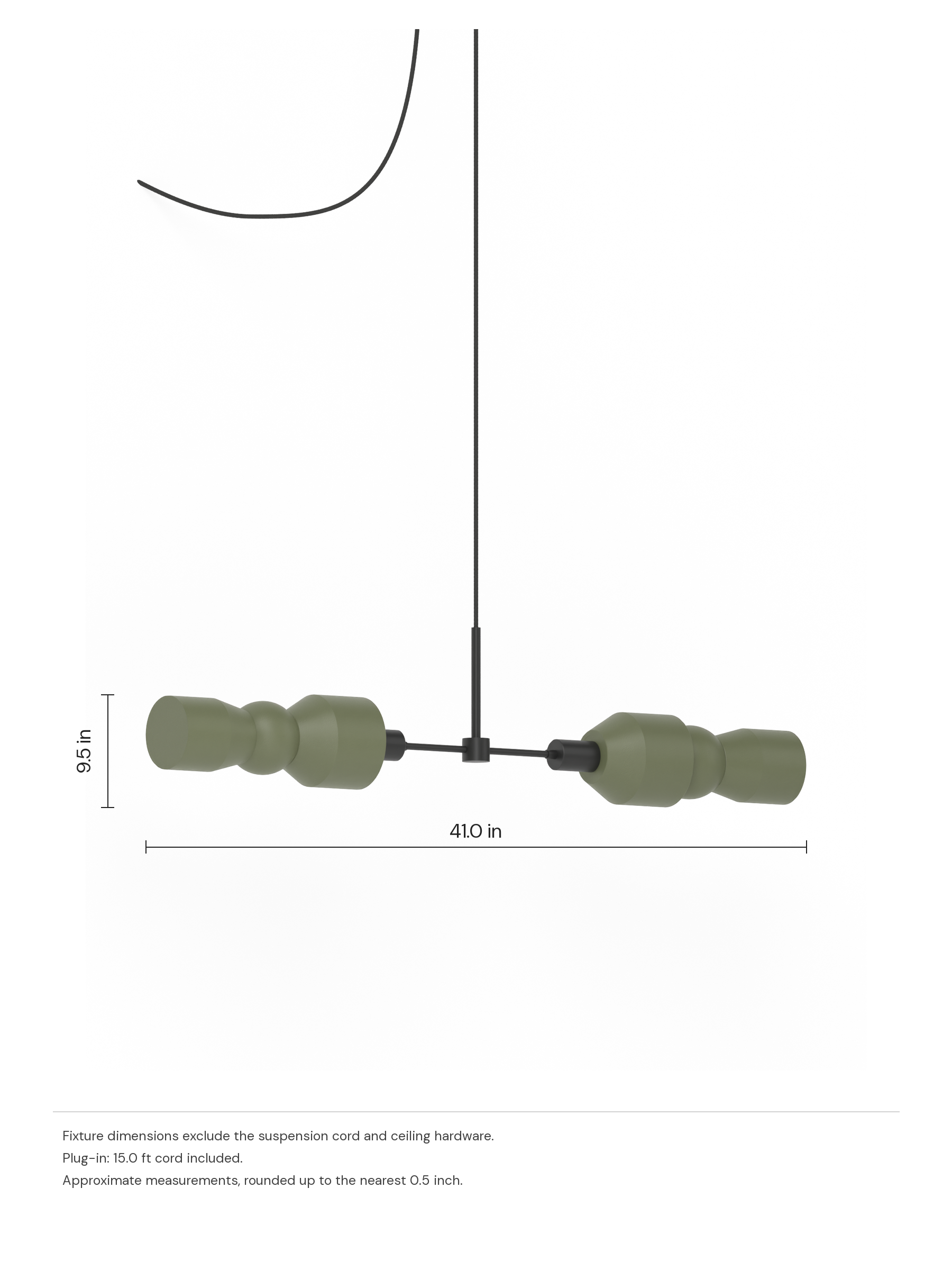 Major Eavesdropper in Dark Green with black hardware, plug-in. Dimension drawing: 9.5 in high × 41.0 in wide, excluding flexible cords.