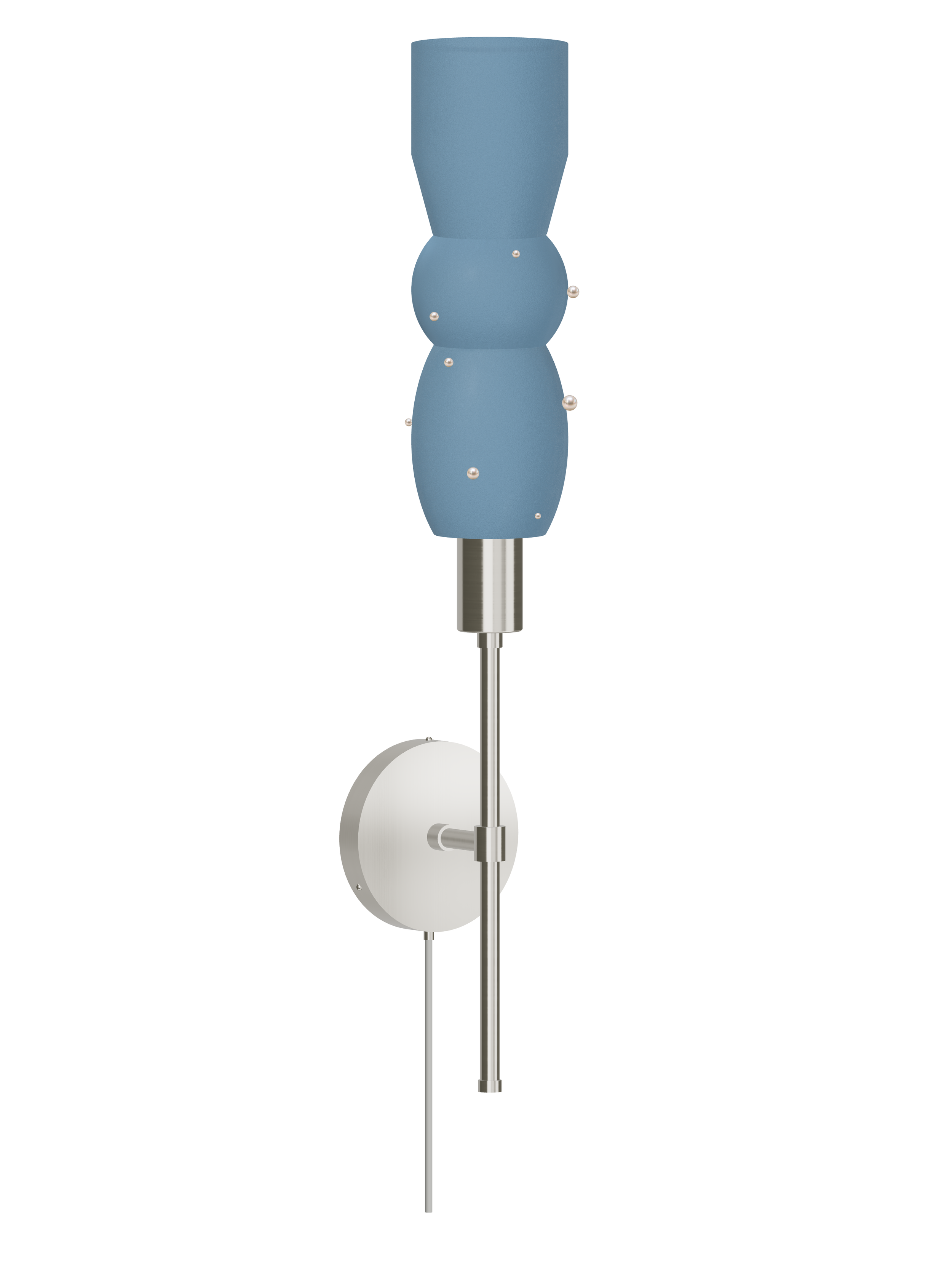 Guest Star Wallflower upright wall sconce with blue shapes with pearl details and nickel hardware; plug-in version, light off.