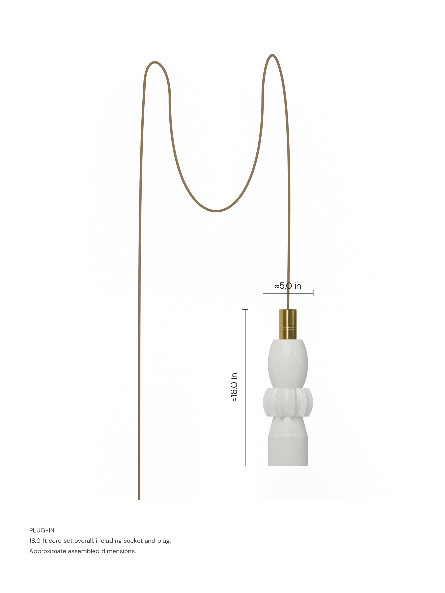 Cord Quiche pendant in Linen with brass hardware, plug-in. Approximate dimensions: 16.0 in high and 5.0 in wide, rounded up to the nearest half inch.