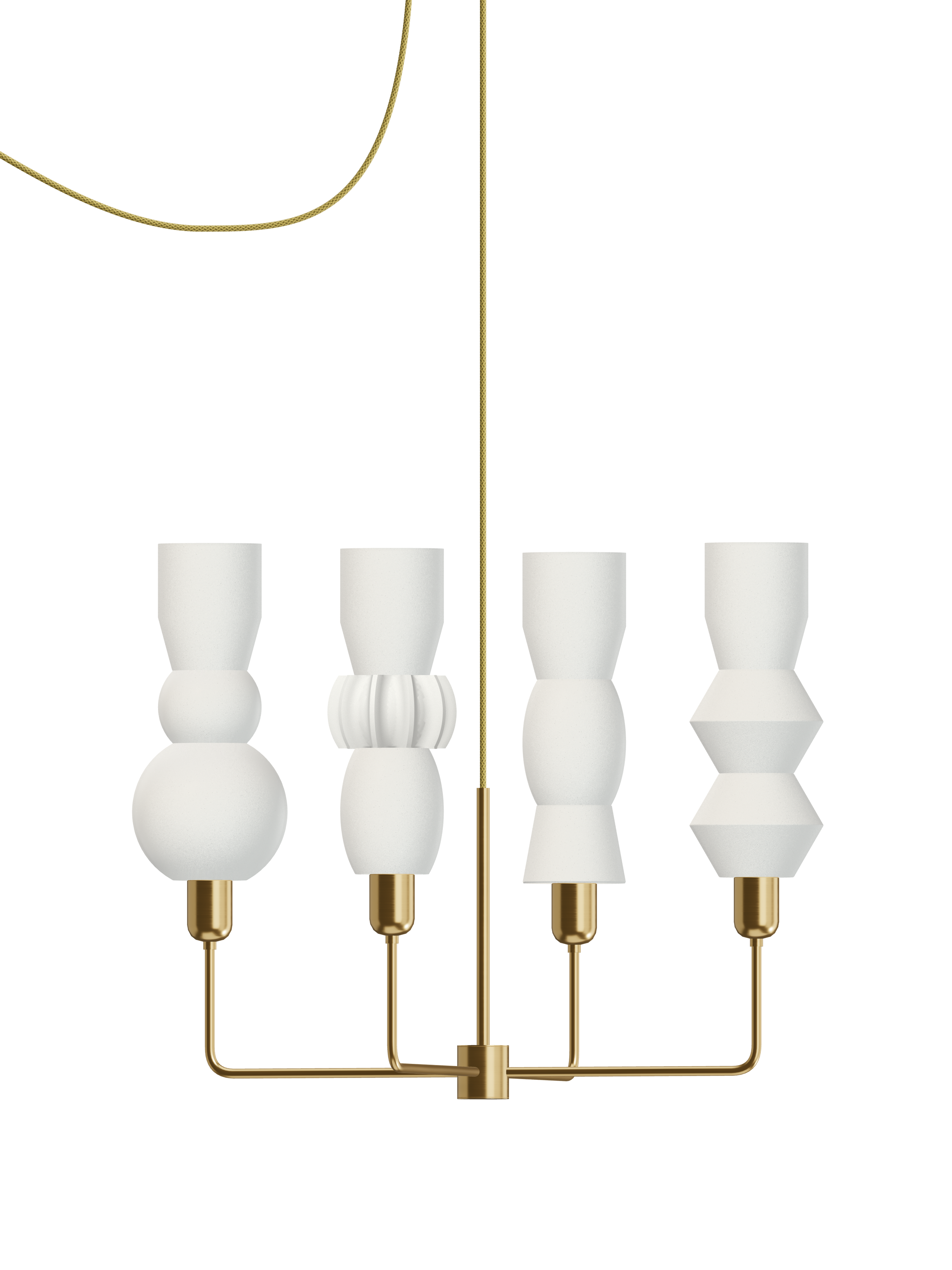 Cord Auburn four-arm chandelier with off-white shapes and brass hardware; plug-in version, light off.