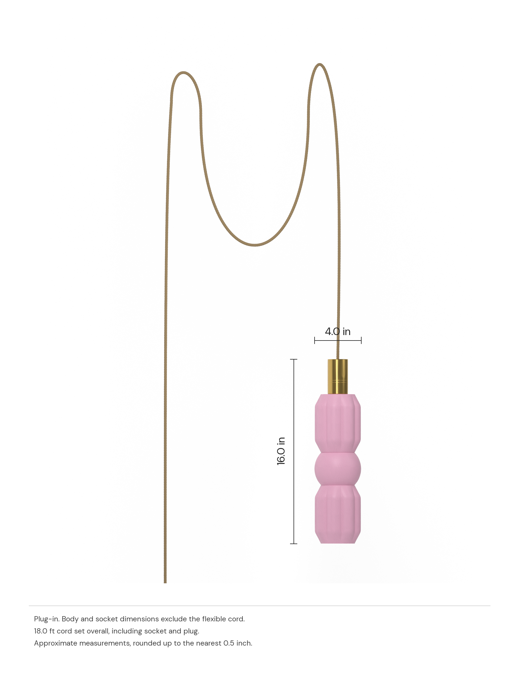 Elaine Quiche in Sakura Pink with brass hardware, plug-in. Dimension drawing: 16.0 in high × 4.0 in wide, excluding flexible cords.