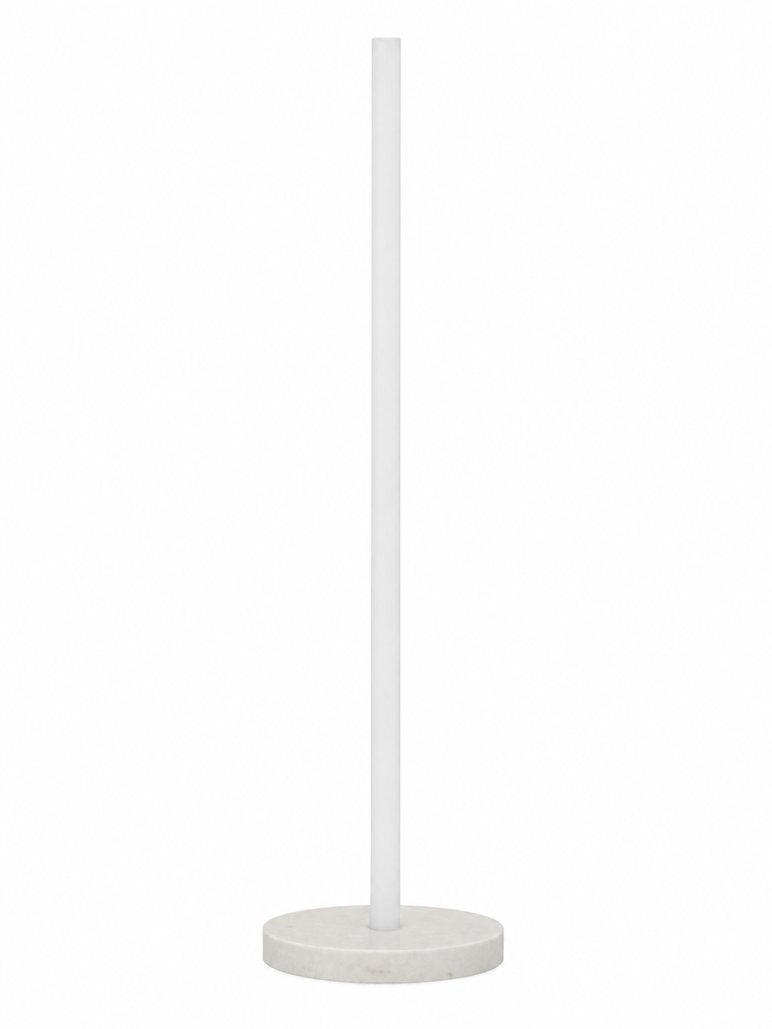 Eldon Trace Column lamp in black marble, a warm white lit column on a round black marble disc base.