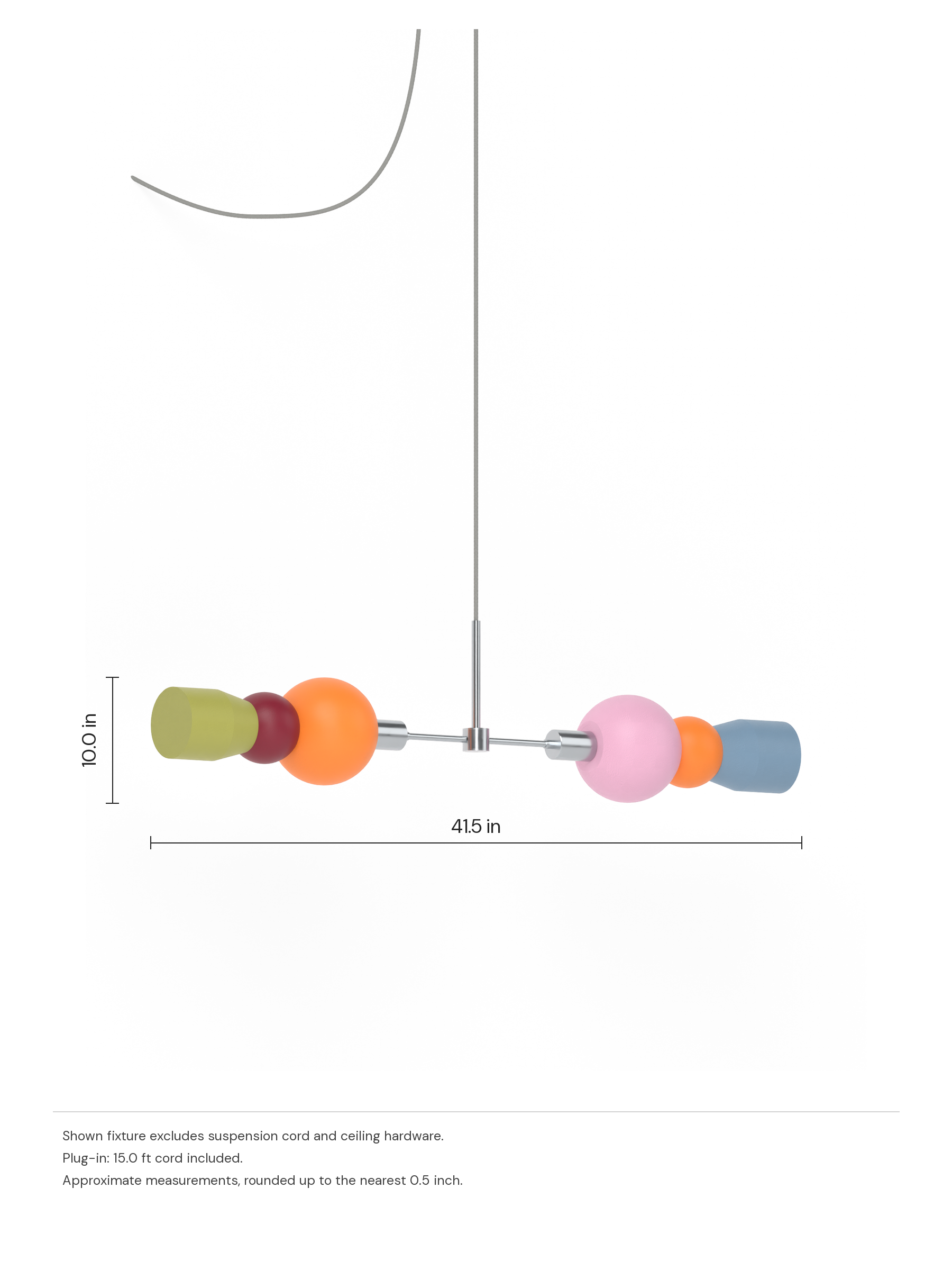 Benny Eavesdropper in Orange, Cordovan, French Monk, Sakura Pink, Twill with nickel hardware, plug-in. Dimension drawing: 10.0 in high × 41.5 in wide, excluding flexible cords.