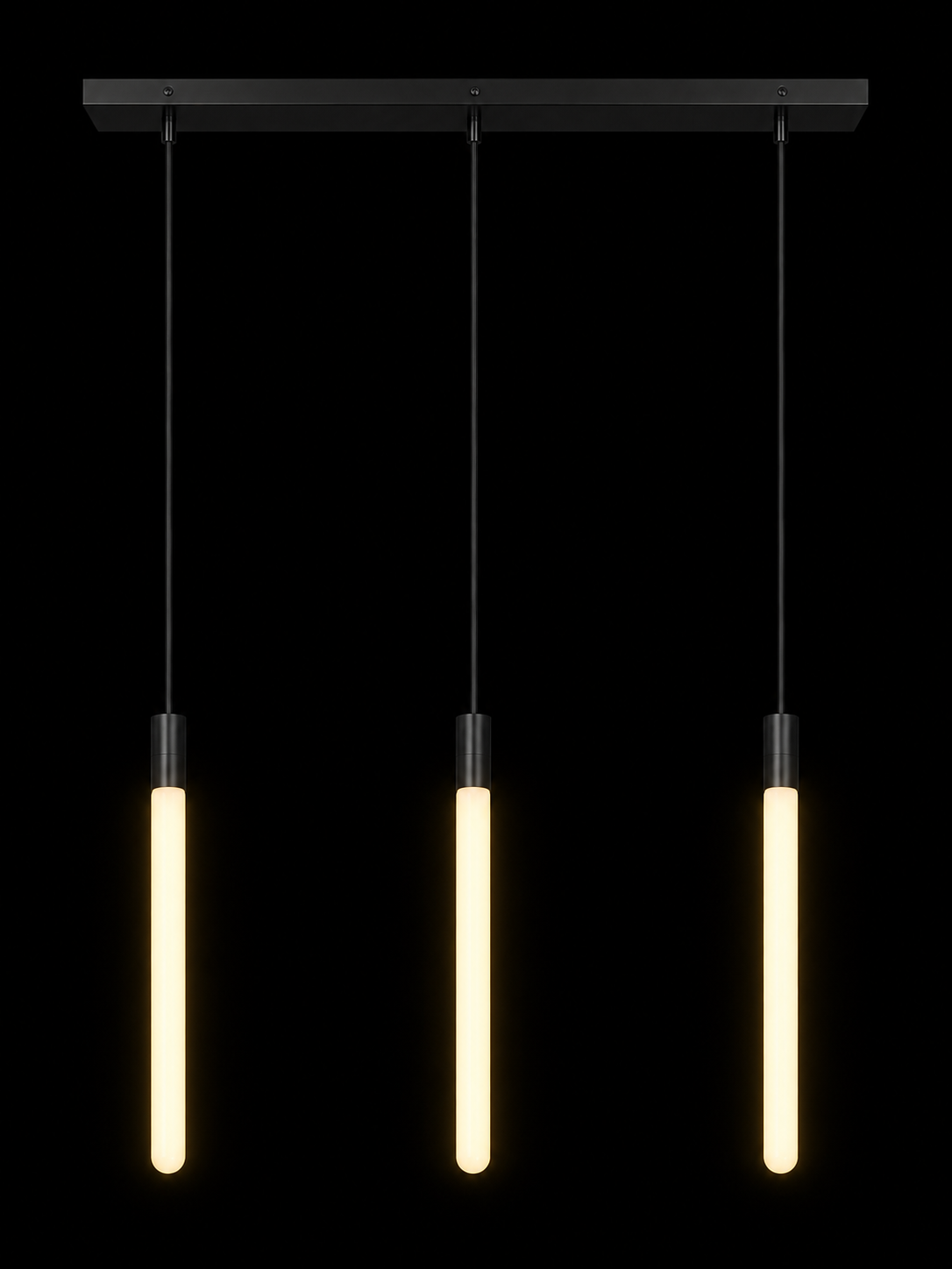 Eldon Trace linear chandelier in brass, three warm white lit columns hanging from a slim brass ceiling bar.