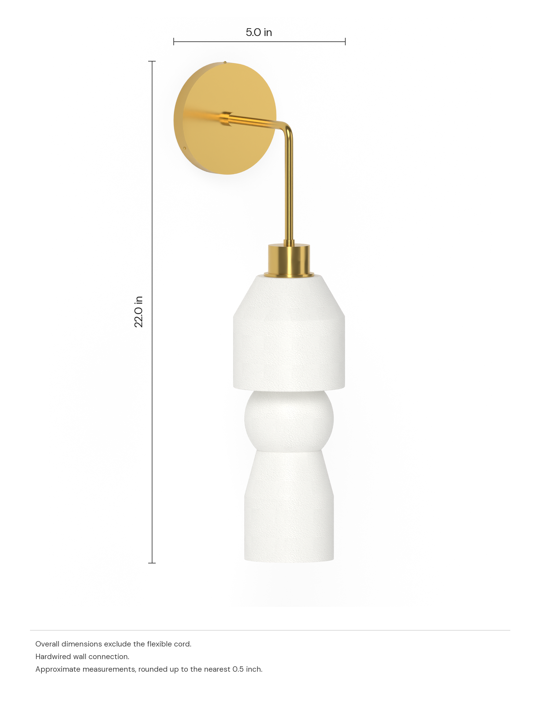 Cord Drop Out in Linen with brass hardware, hardwired. Dimension drawing: 22.0 in high × 5.0 in wide, excluding flexible cords.