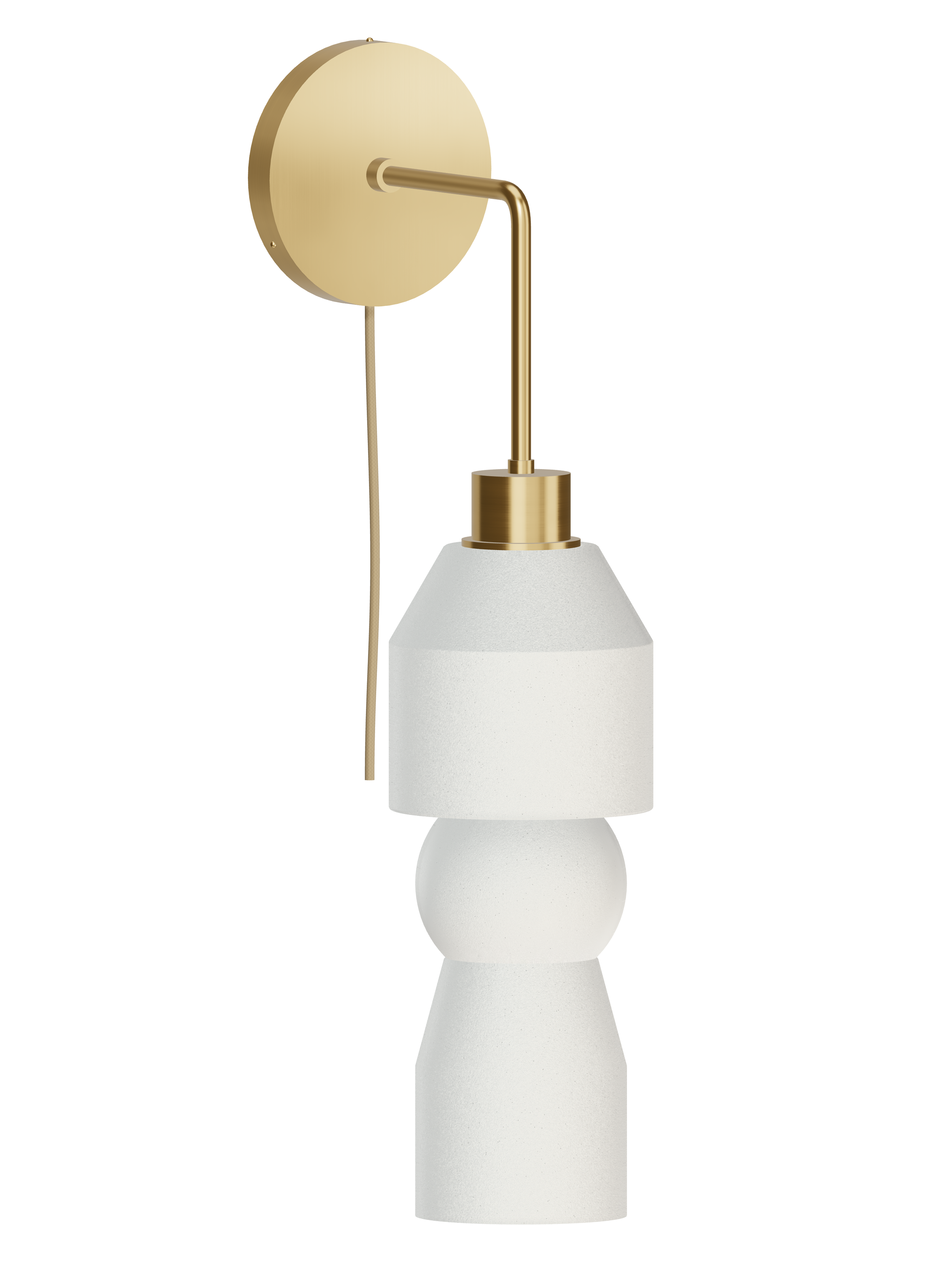Cord Drop Out wall sconce with a hanging stack with off-white shapes and brass hardware; plug-in version, light off.