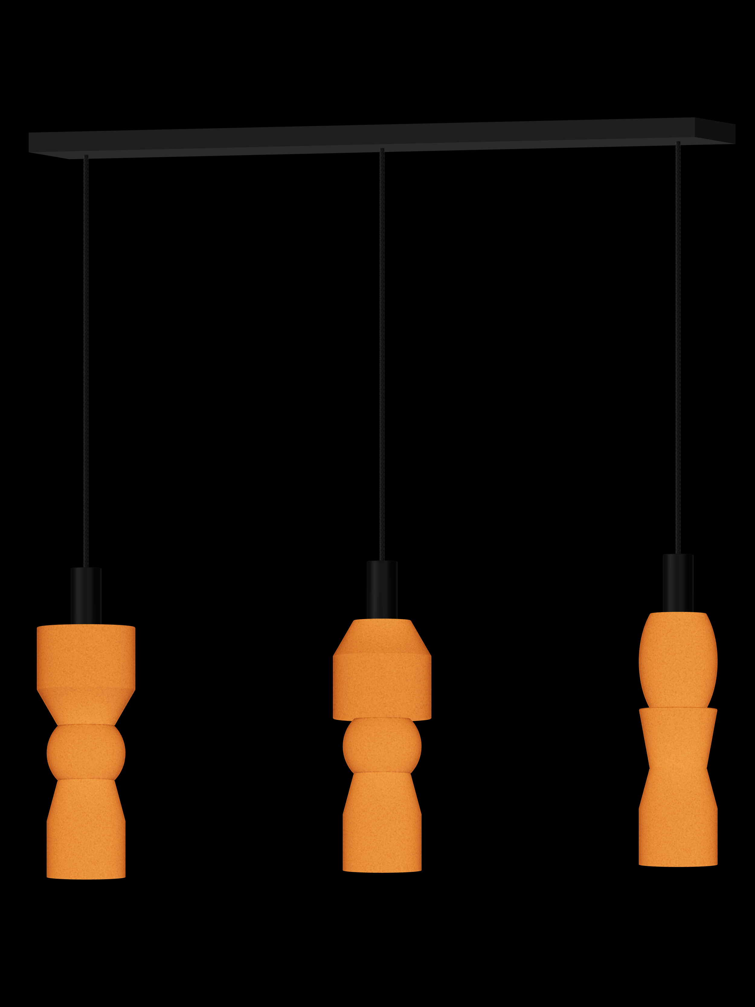 Major Runway 3 three-pendant light with shapes glowing orange and black hardware; hardwired version.