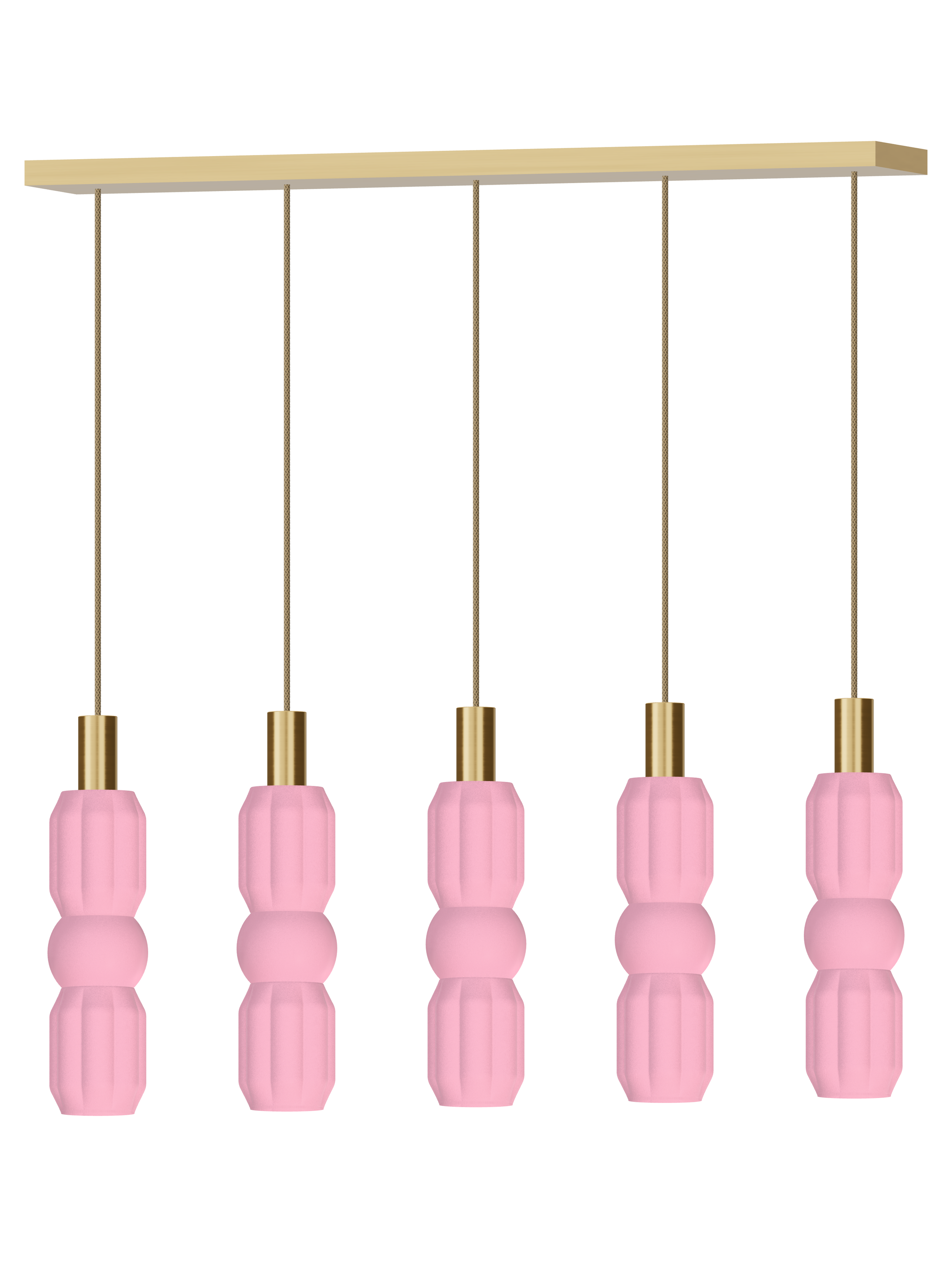 Elaine Runway 5 five-pendant light with pink shapes and brass hardware; hardwired version, light off.