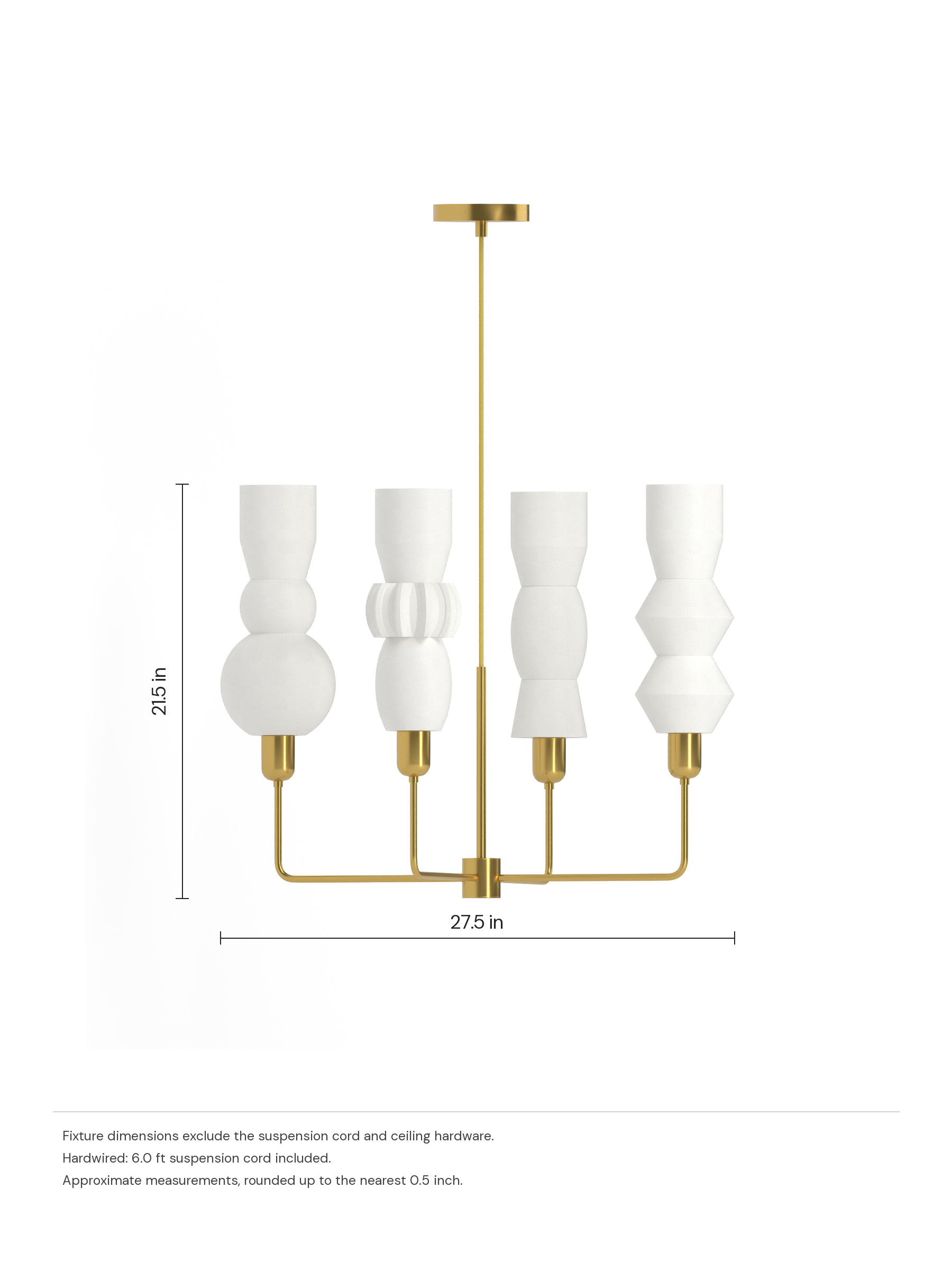 Cord Auburn in Linen with brass hardware, hardwired. Dimension drawing: 21.5 in high × 27.5 in wide, excluding flexible cords.