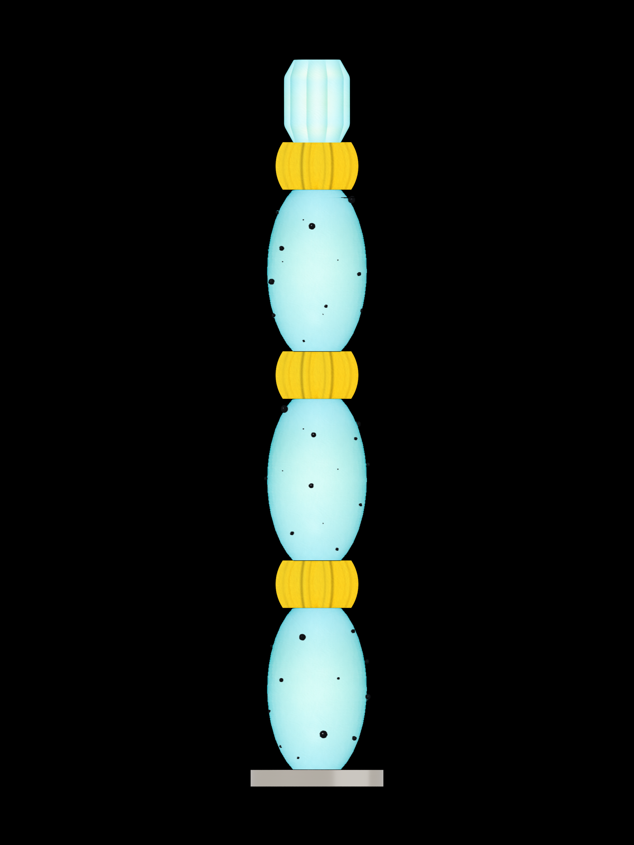 Mika in P - Ice Blue ×3 + Monk ×3 + Ice Blue ×1 column lamp, light on on black background