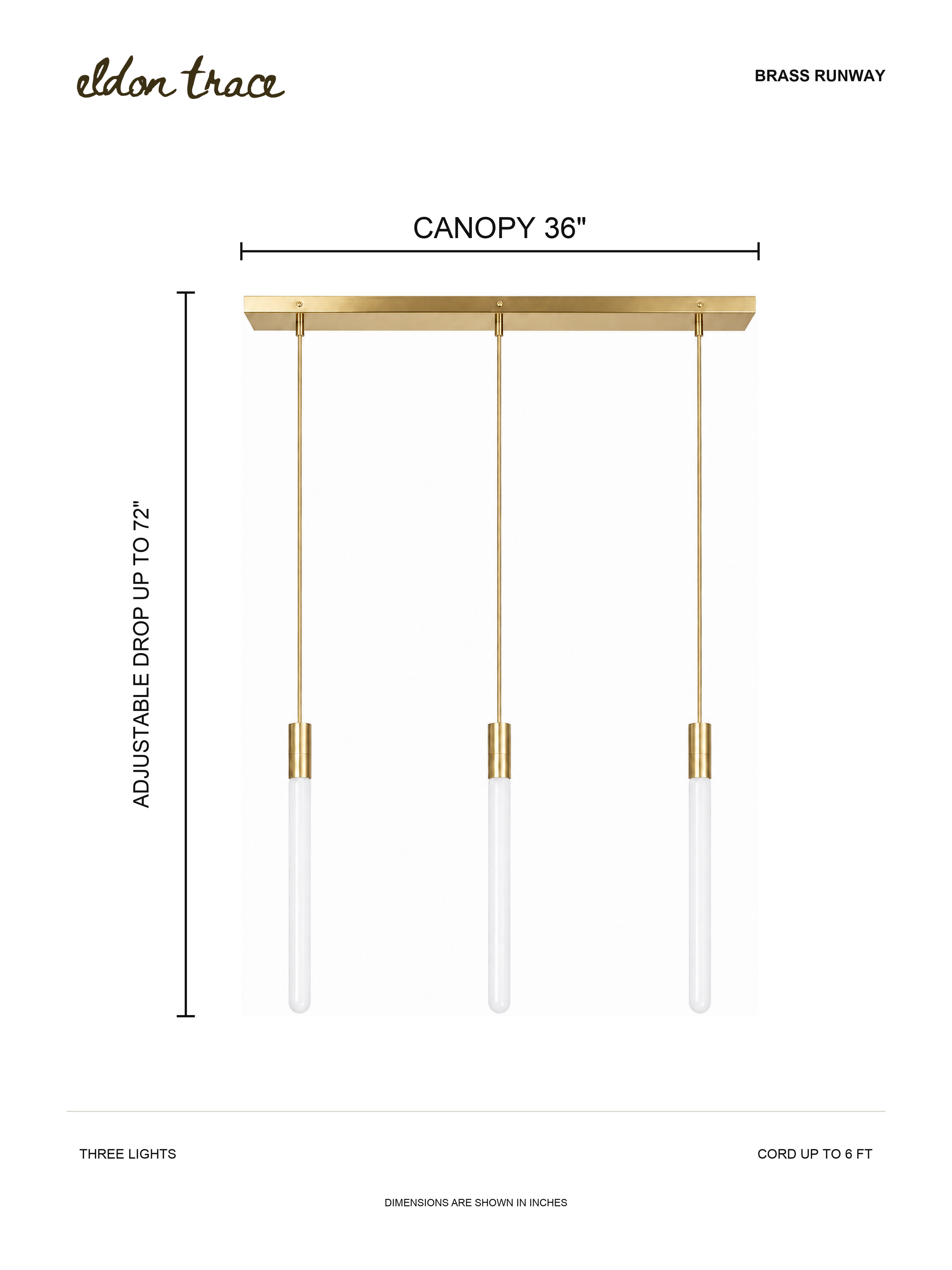 Brass Runway dimension drawing showing the linear canopy and three adjustable pendant drops.
