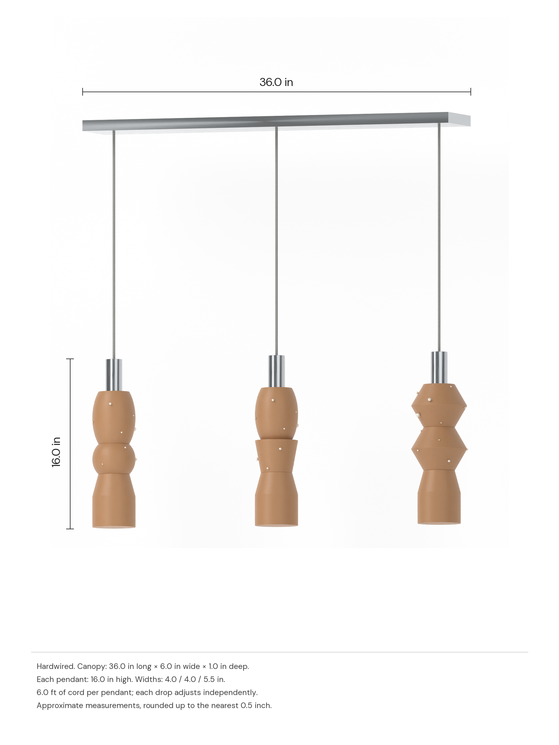 Scar Runway 3 in Frosted Brown with Pearl details with nickel hardware, hardwired. Dimension drawing: 36.0 in canopy, 16.0 in pendant height.